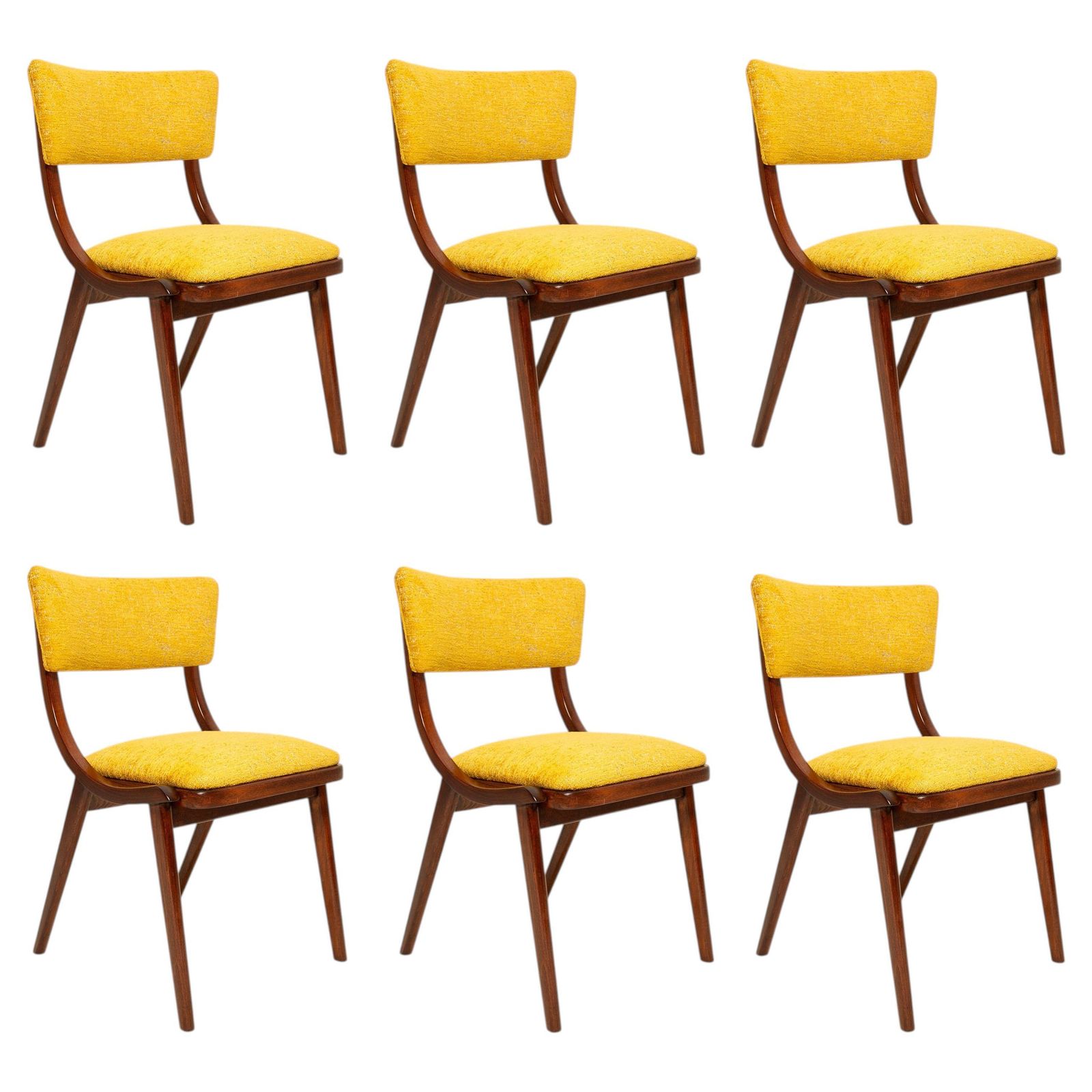 Six Mid Century Bumerang Chairs, Yellow Spiriti Jacquard   Dedar, Poland, 1960s