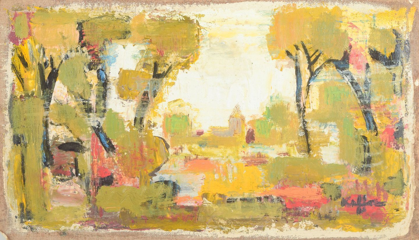Charles Kiffer, Frans kunstenaar. Olieverf op doek. Gezicht op bomen en kerk. Jaren 1960