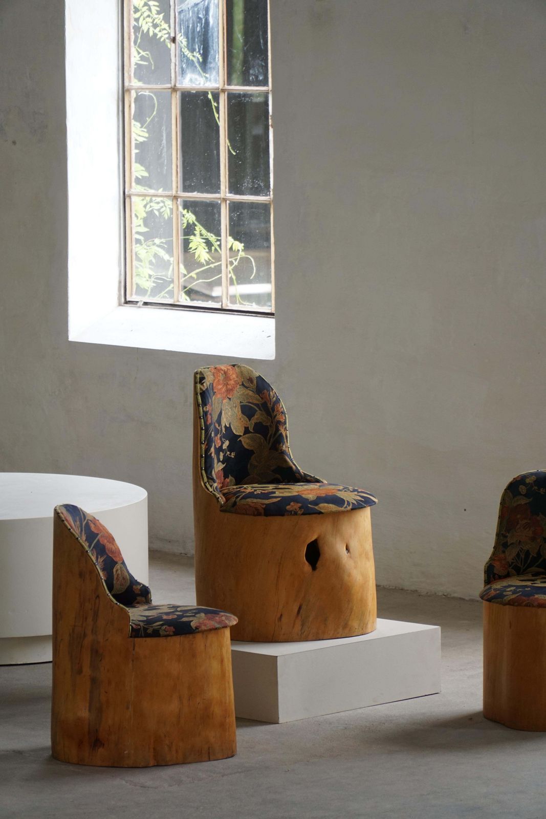 Swedish Stump Chair / “Kubstol” In Pine & Floral Upholstery, Mid 20th Century photo for sale