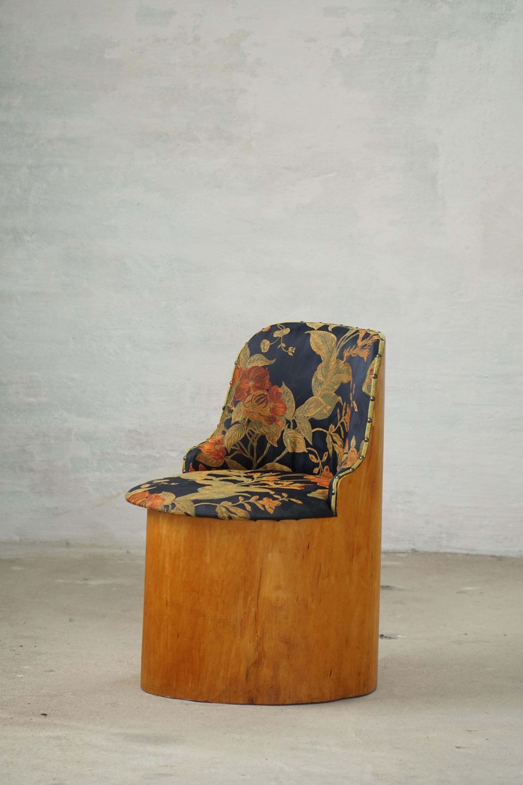 photo buy Swedish Stump Chair / “Kubstol” In Pine & Floral Upholstery, Mid 20th Century