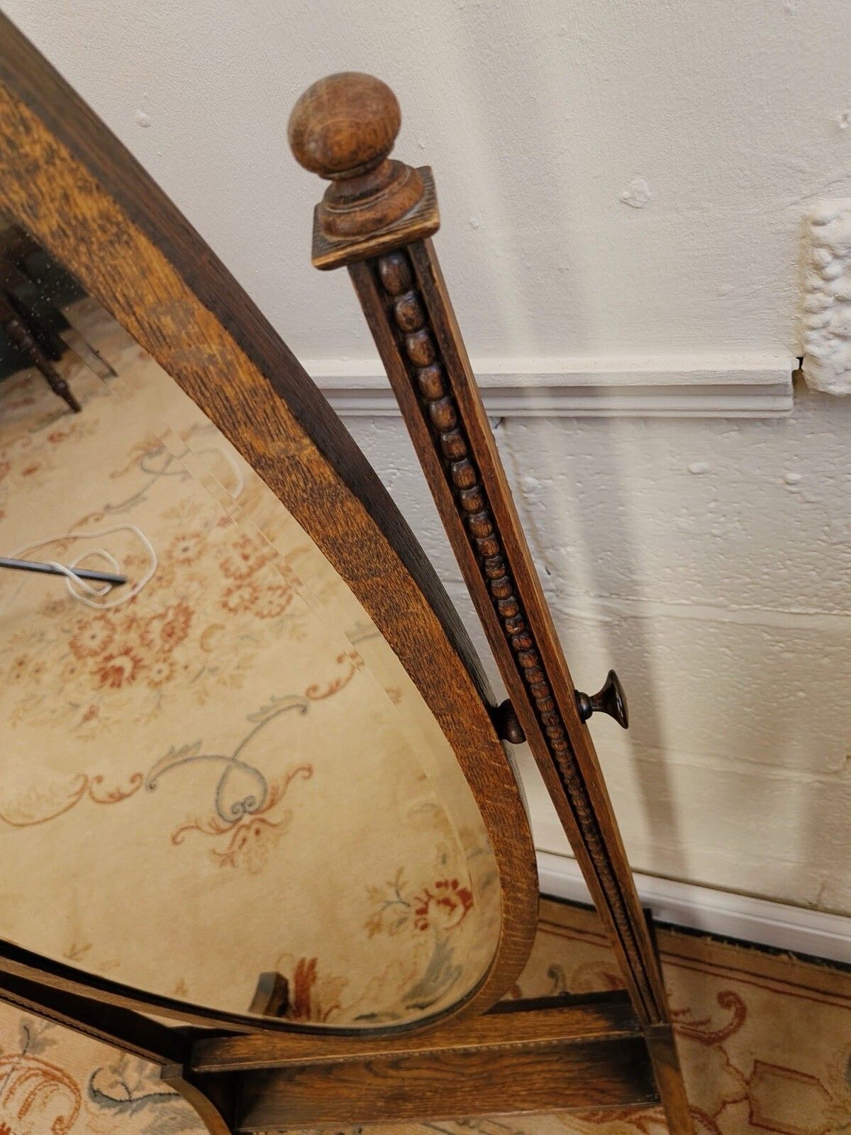 Edwardian Carved Oak Cheval Mirror On Brass Castors photo vinterior
