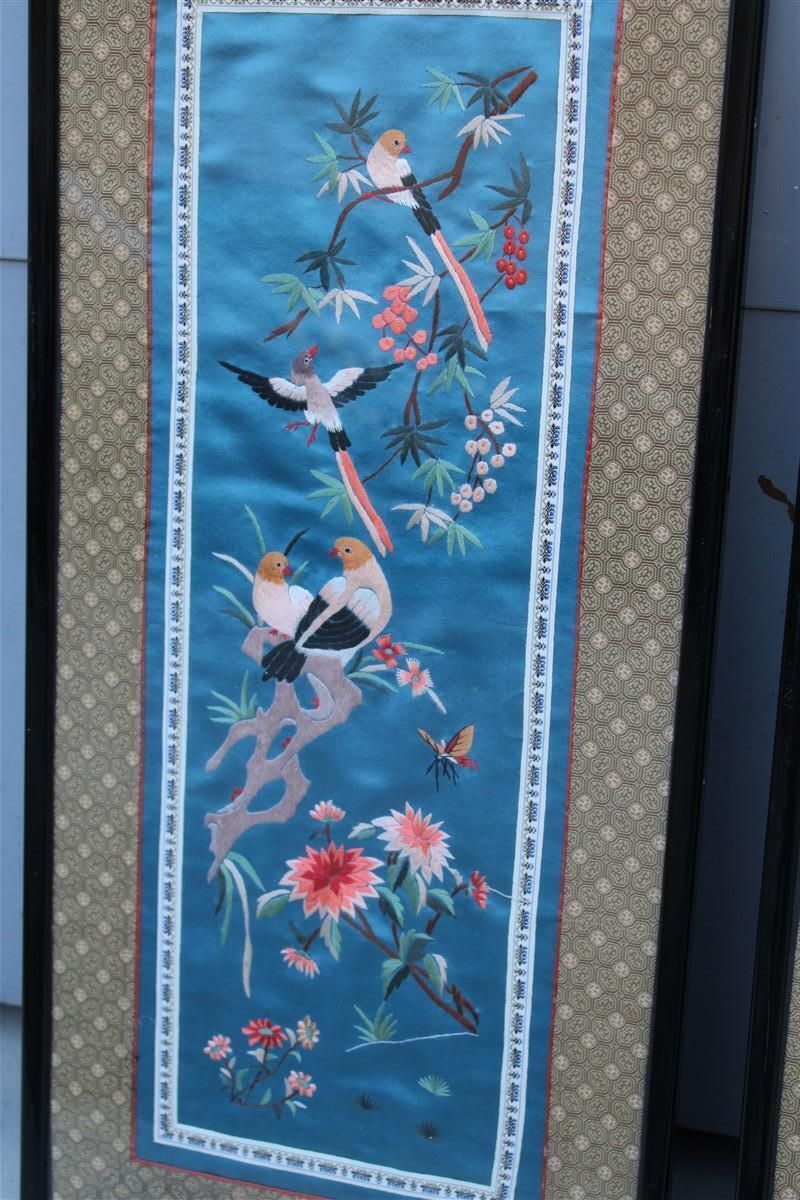 China Colorful Silk Fabric Paintings With Flowers Birds And Trees 1950s. photo Art