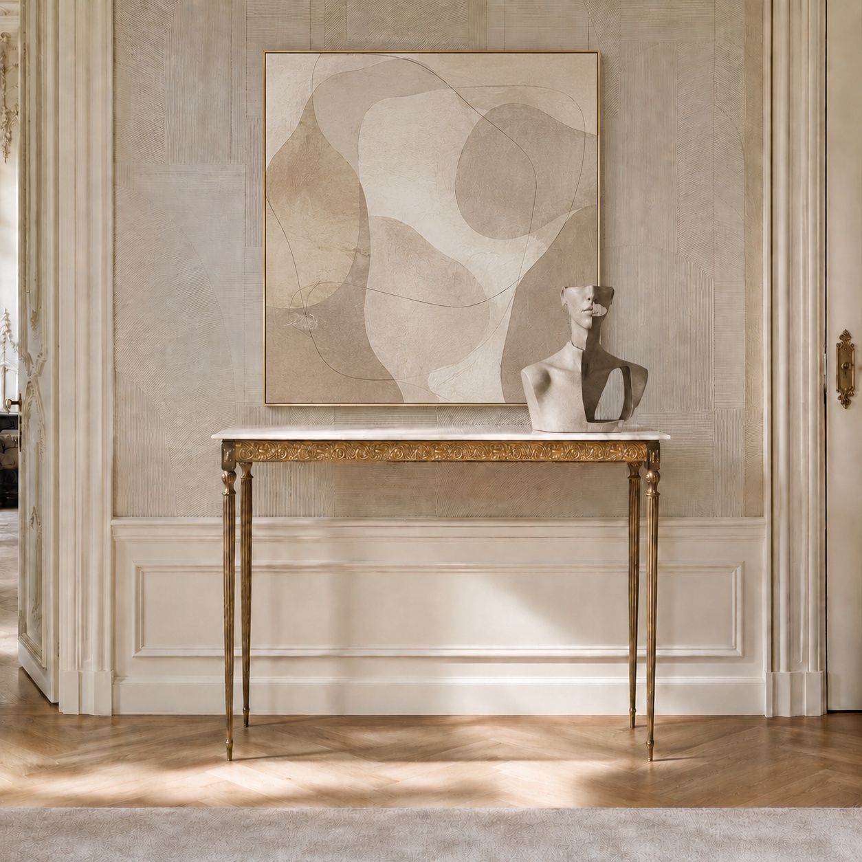 Antiek Italiaans console in gebruneerd en verguld messing met Carrara marmeren blad, Venetië photo 7800.0