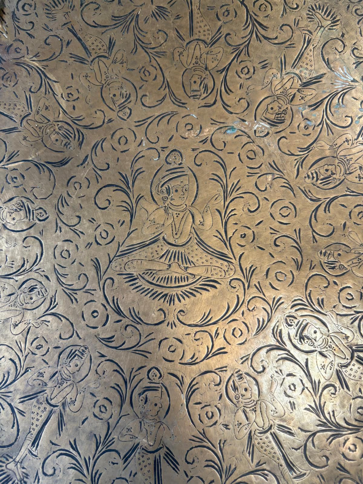 Large Hand Engraved Indian Brass Tray With Figural Decoration, 46cm Diameter photo furniture