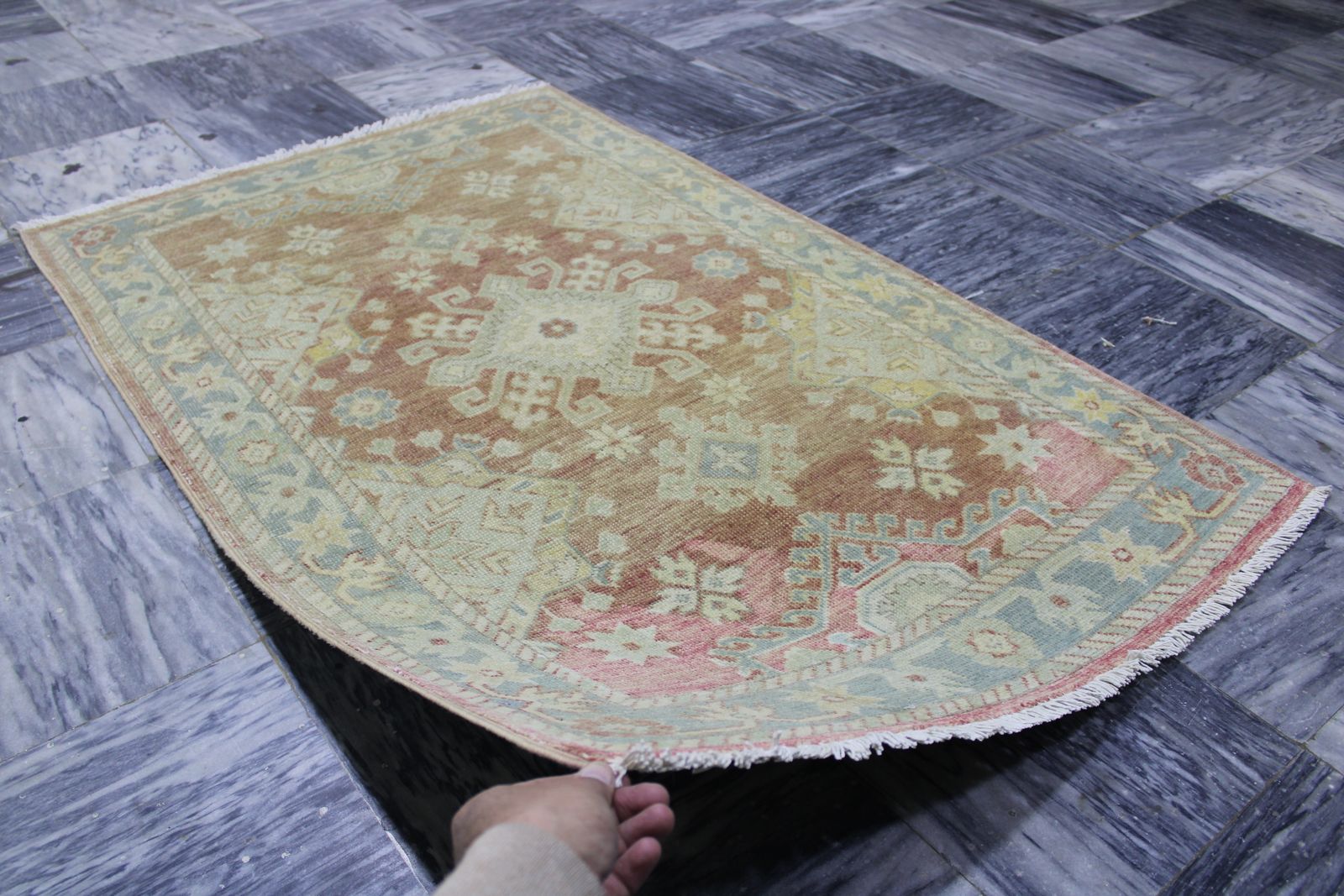 Vintage Oushak Hand Knotted Geometric Tribal Wool Rug photo for sale
