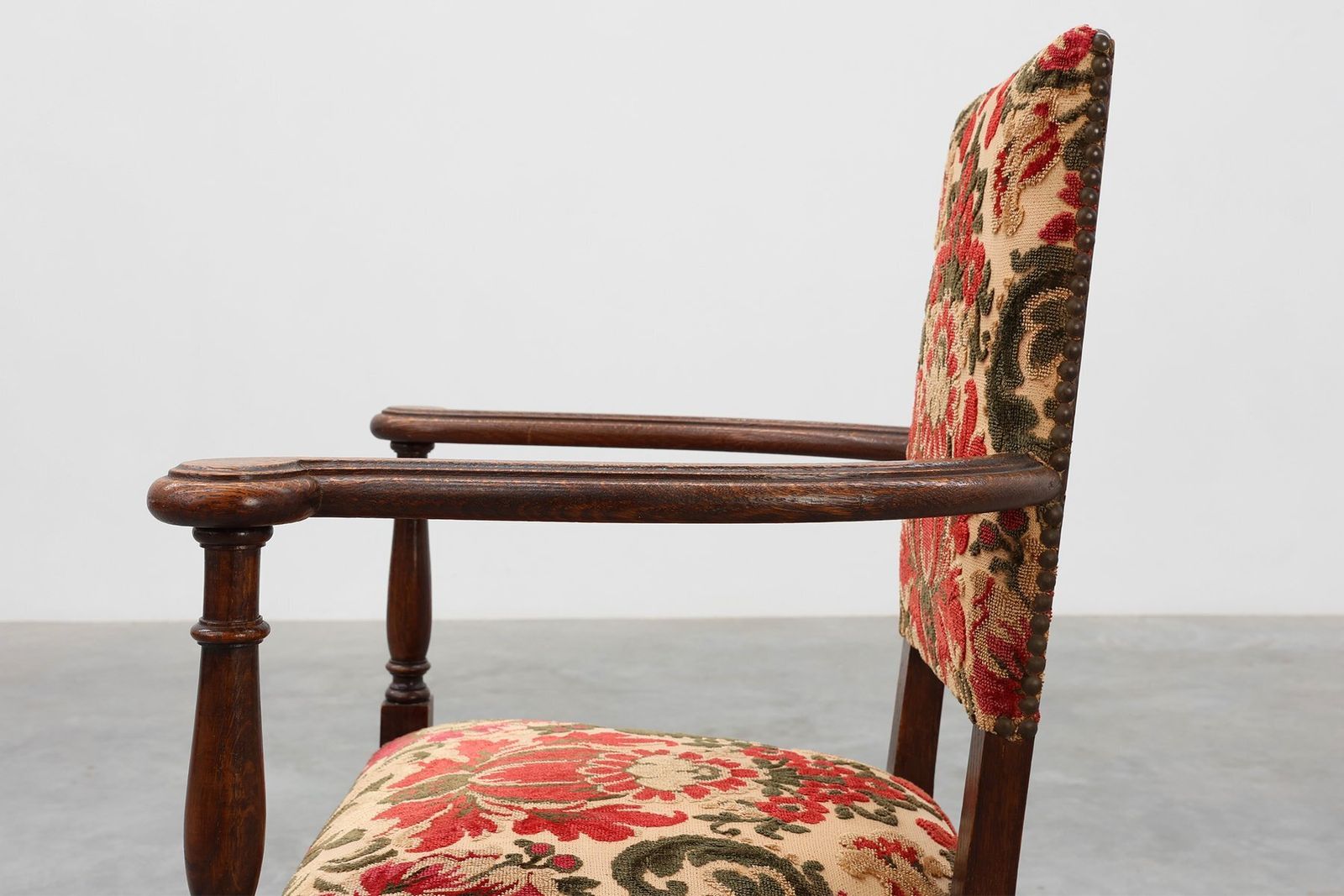 photo furniture Antique Oak Louis XIII Chair With Floral Upholstery, France, 1890
