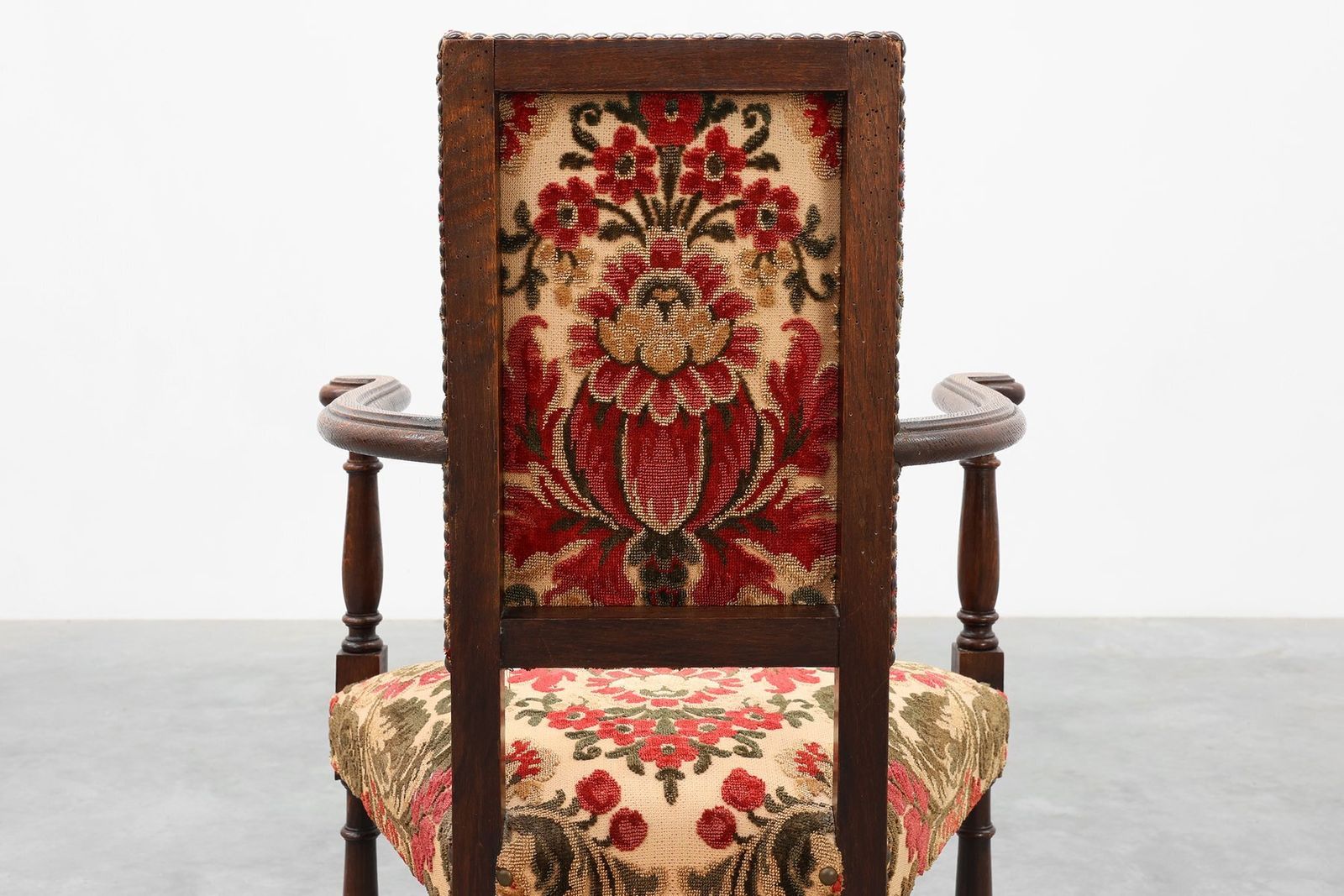 Furniture Antique Oak Louis XIII Chair With Floral Upholstery, France, 1890 photo