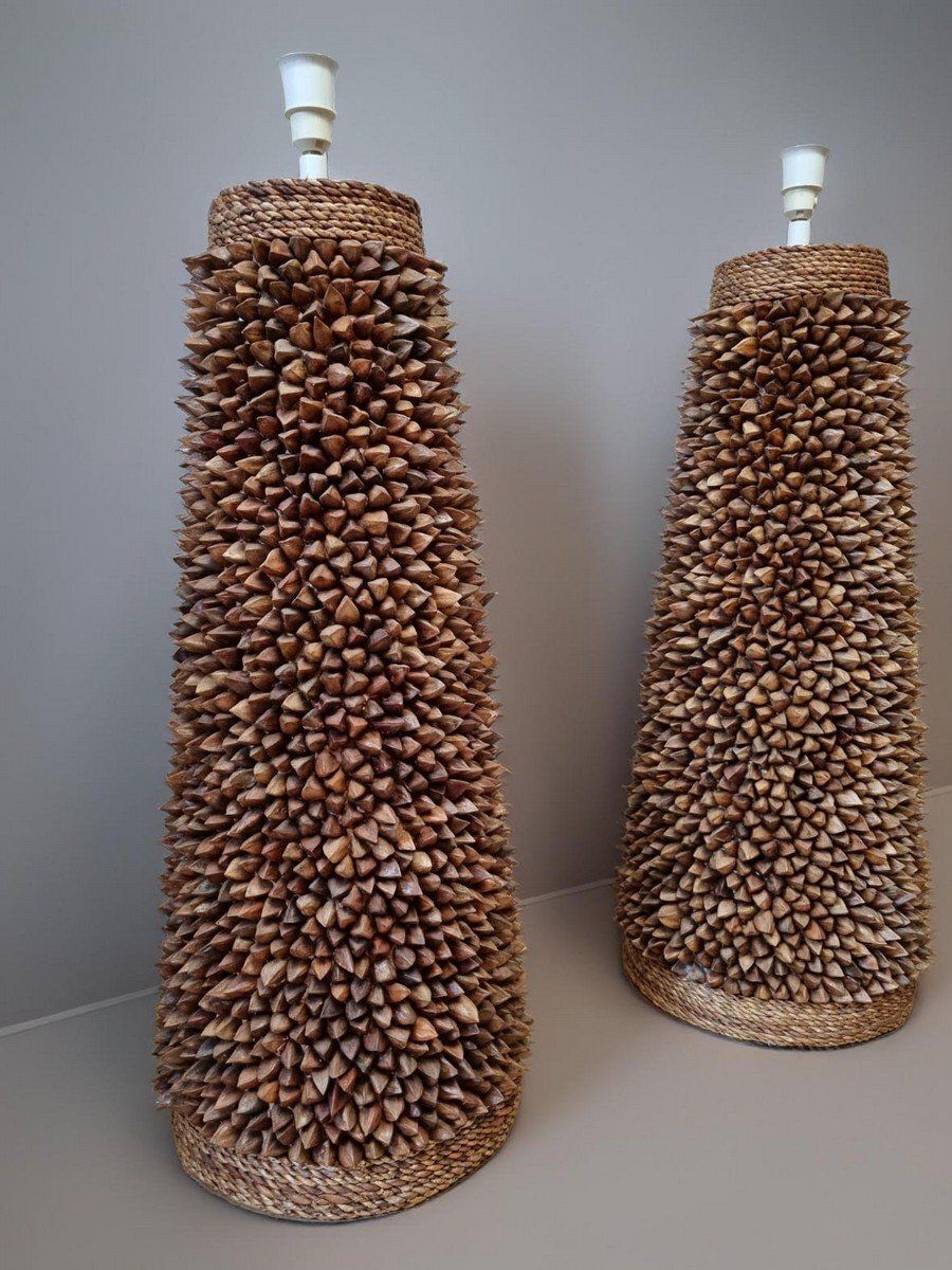 Handcrafted Pili Nut Shells Table Or Floor Lamps USA 2000s Set Of 2 photo furniture