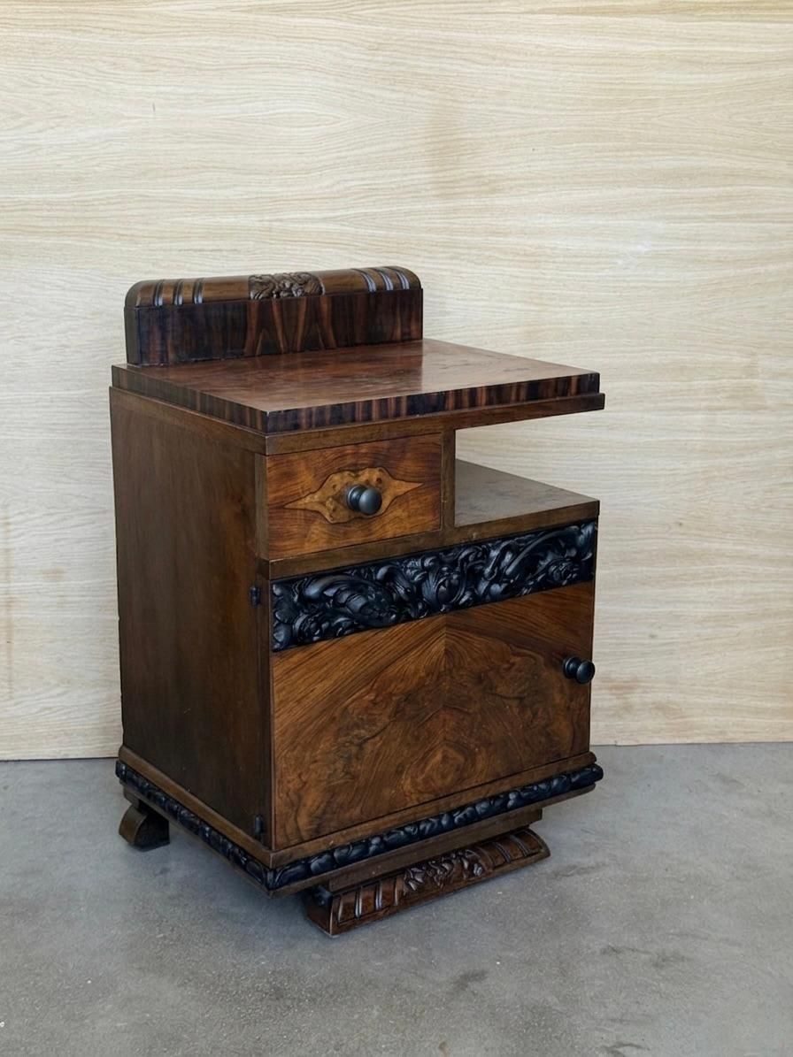 Pair Of Carved Art Deco Bedside Cabinets In Walnut Burl Veneer photo Furniture