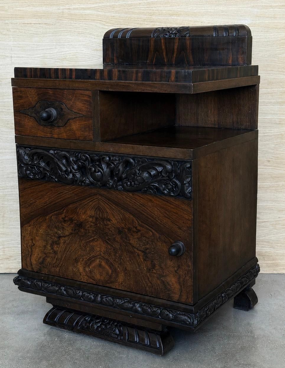 Pair Of Carved Art Deco Bedside Cabinets In Walnut Burl Veneer photo vinterior