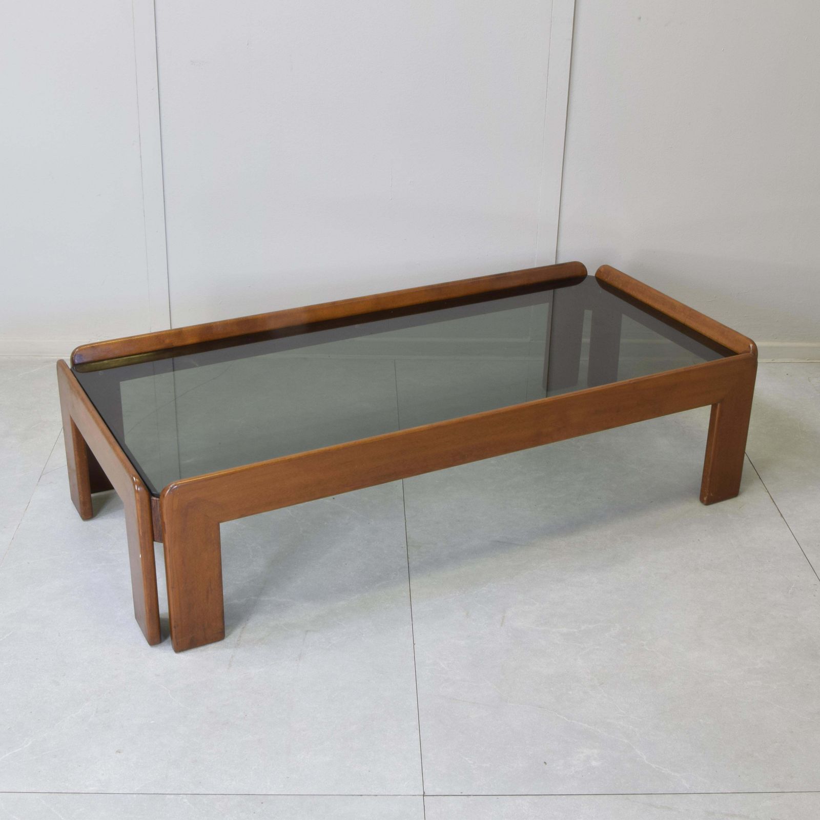 Afra & Tobia Scarpa For Cassin Rectangular Walnut And Smoked Glass Coffee Table photo for sale