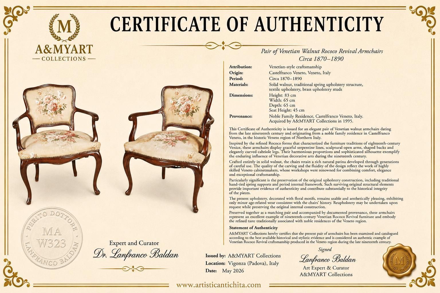 photo for sale Belangrijk paar Venetiaanse walnoten fauteuils uit adellijk verblijf, Veneto, Italië
