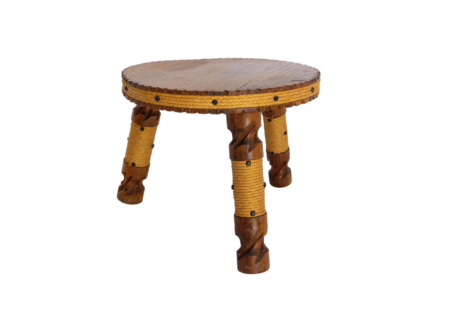 Spanish Three Legged Stool Or Plant Holder Pine, Studs & Rope, Circa 1960 photo furniture