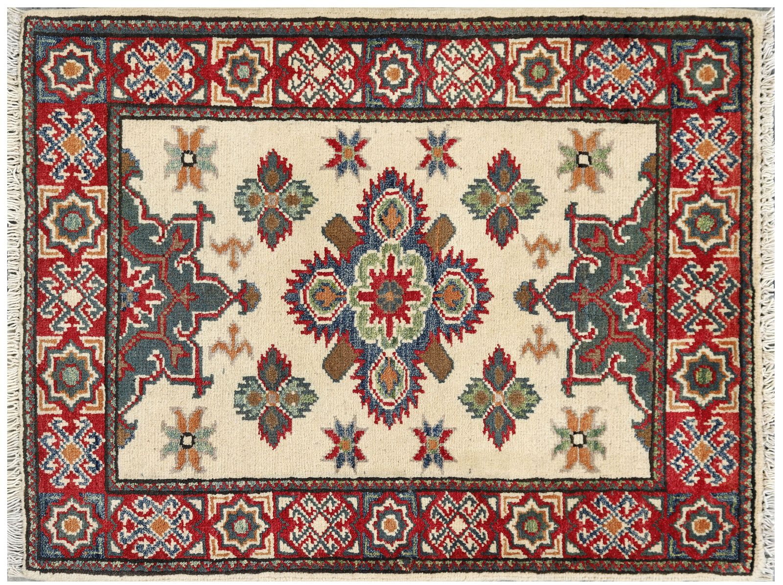 Handgeknoopt Afghaans wollen vloerkleed, ivoor en rood, tribaal motief, 65 x 87 cm photo buy