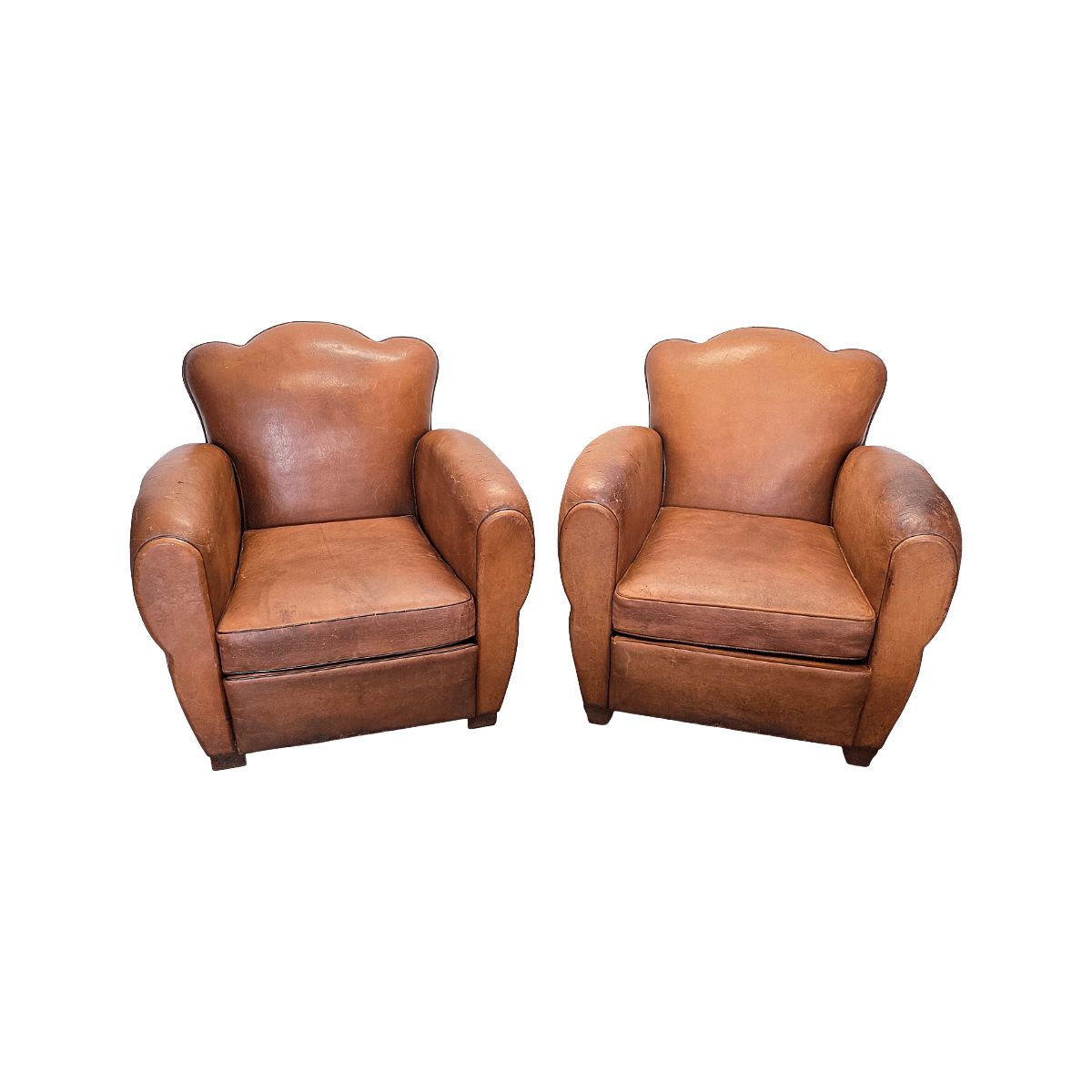 Franse art deco stijl leren club fauteuils, 1950/60s