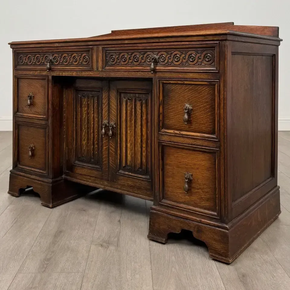 Antique 20th Century Carved Edwardian Desk In Oak photo for sale