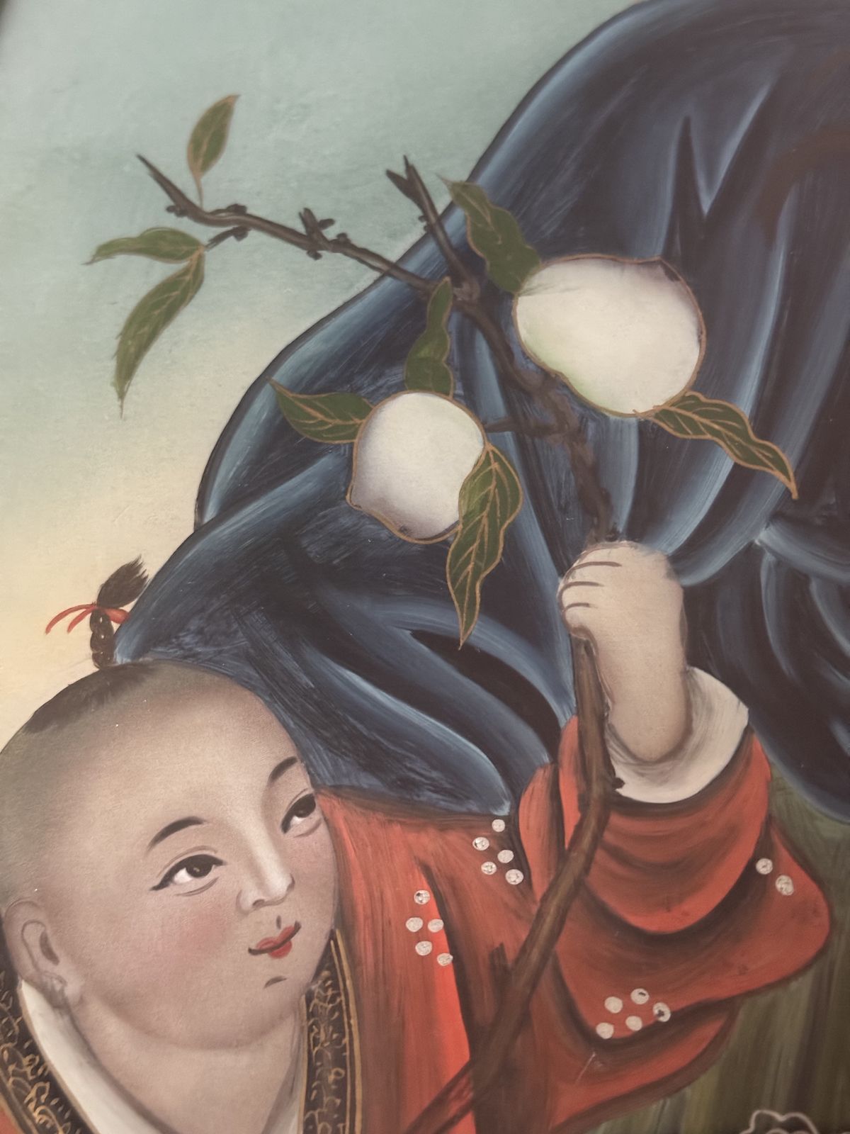 photo for sale Rare 19th Century Chinese Reverse Glass Painting Of Shoulao & Child