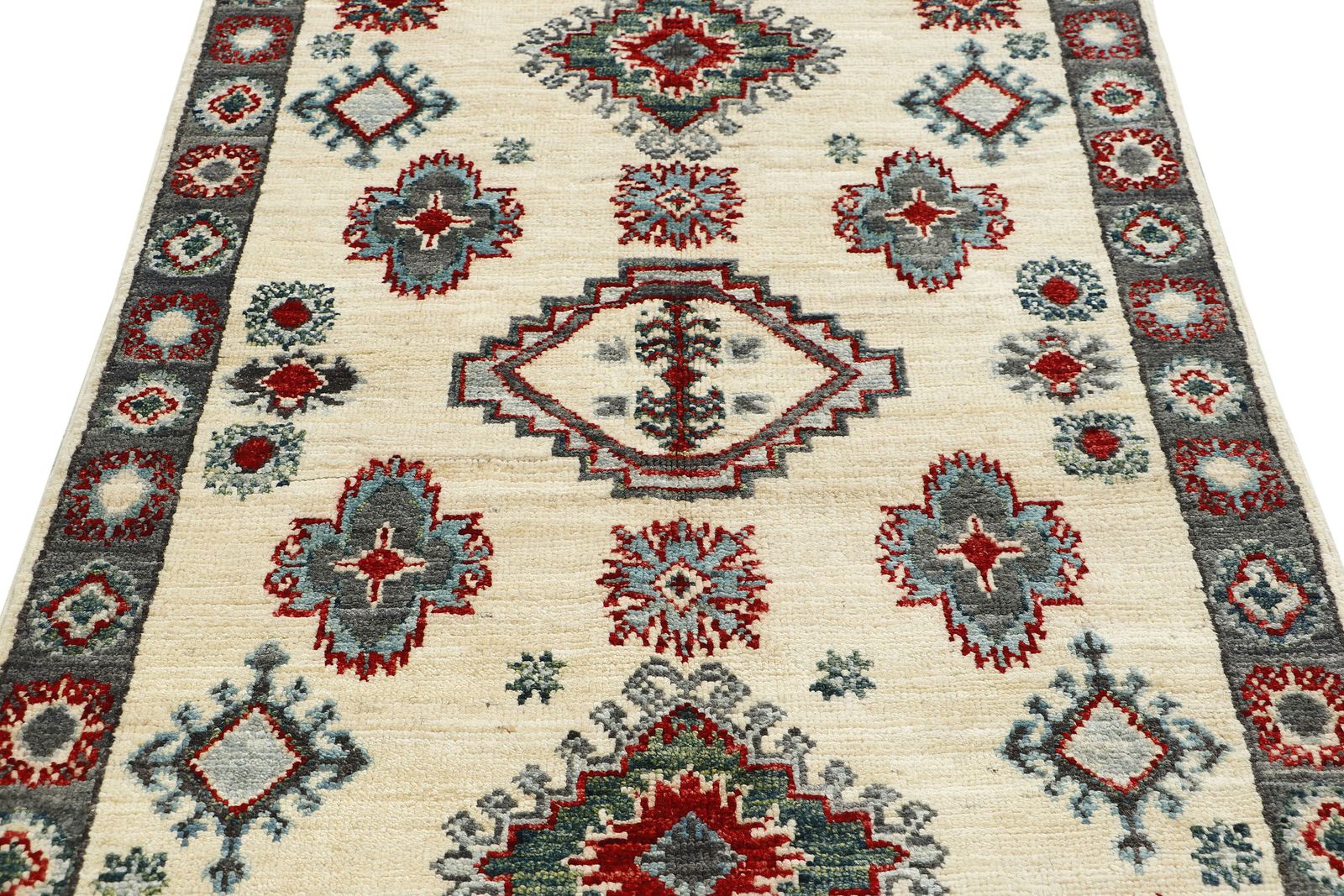 Ivory And Grey Hand Knotted Afghan Traditional Wool Rug 80 X 124 Cm photo Textiles