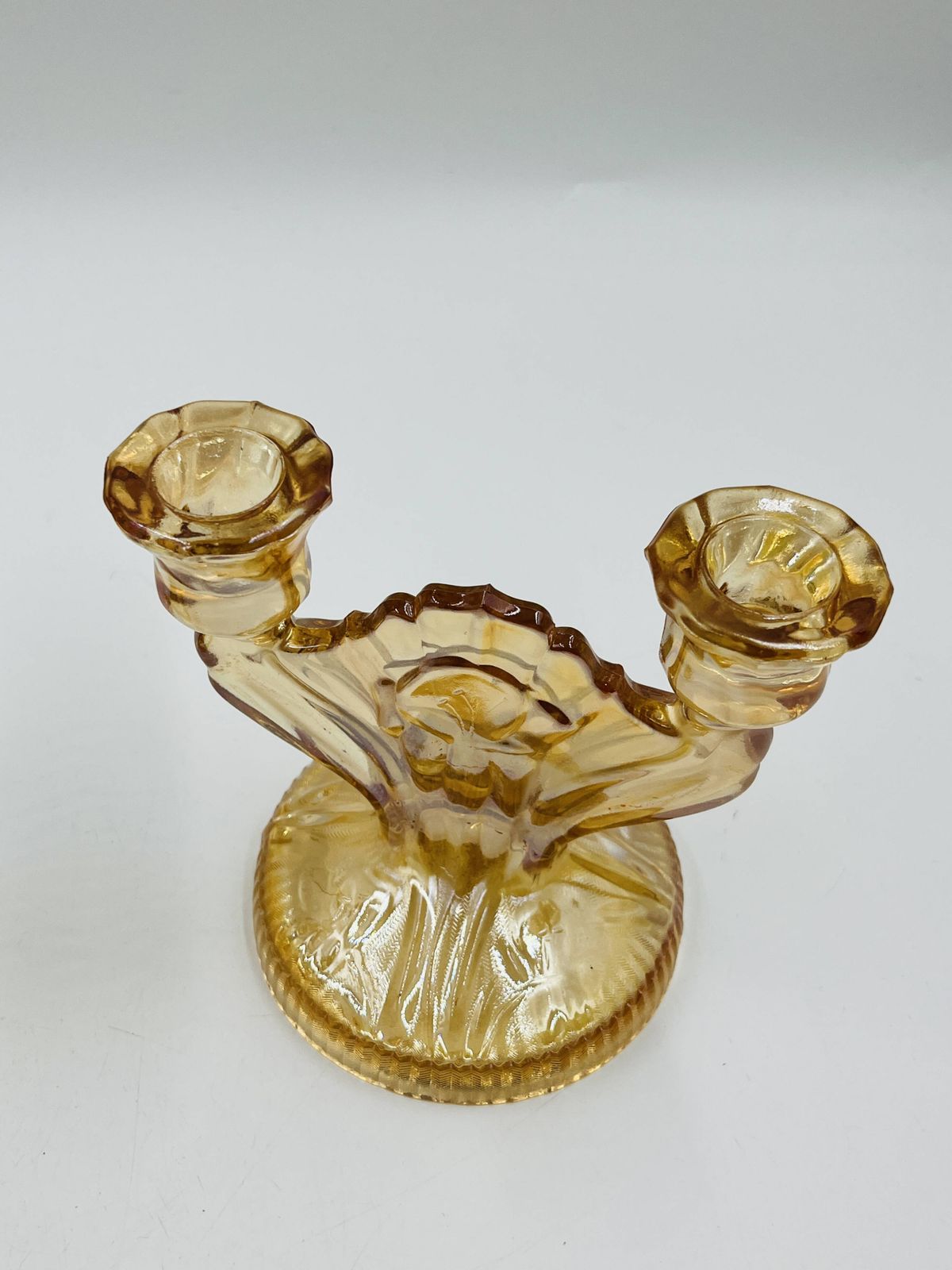 Paar Empoli Amber Glazen Kandelaars in Art Deco Stijl photo vintage