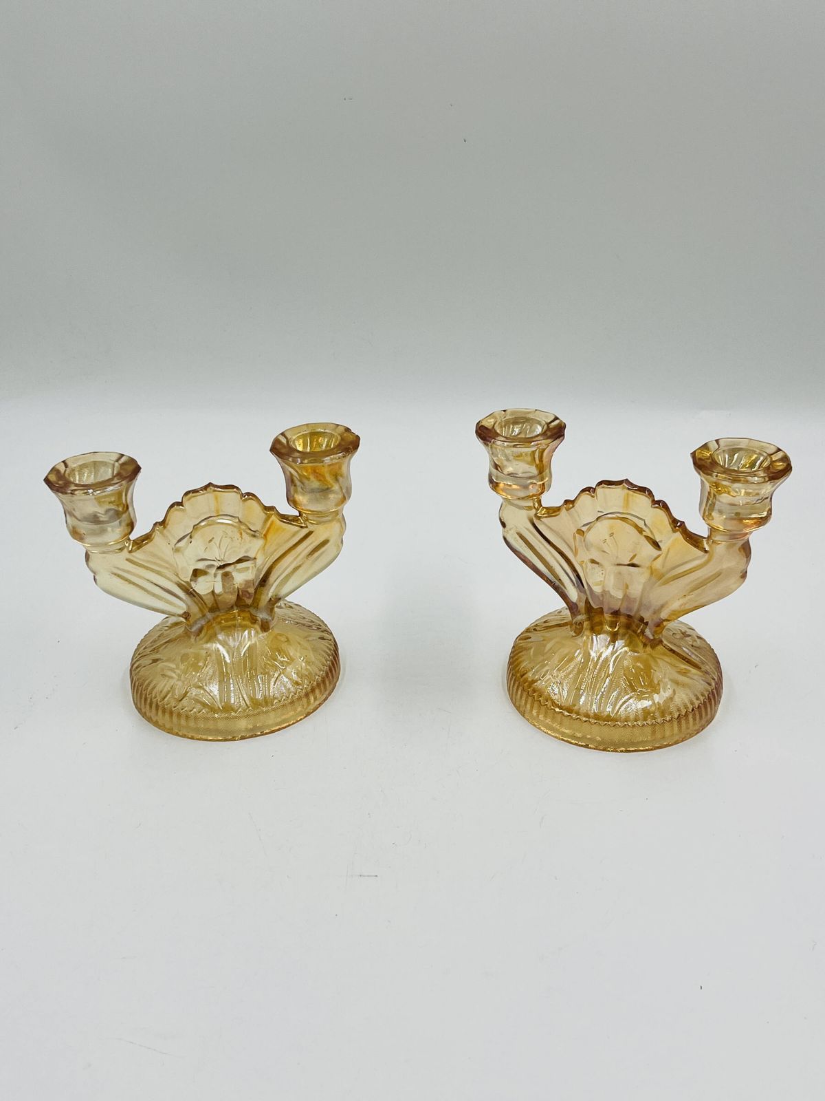 photo vinterior Paar Empoli Amber Glazen Kandelaars in Art Deco Stijl