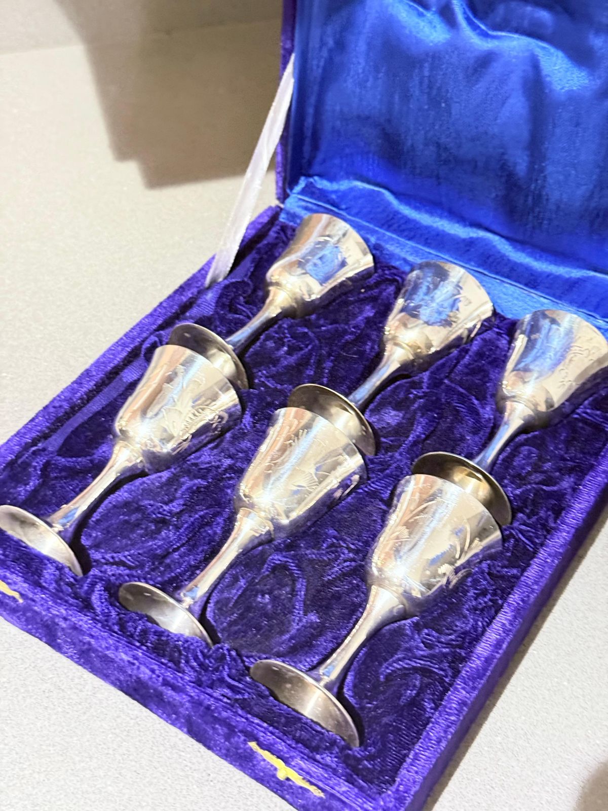 Set Of Six Silver Plated Cordial Cups In Original Presentation Case photo furniture