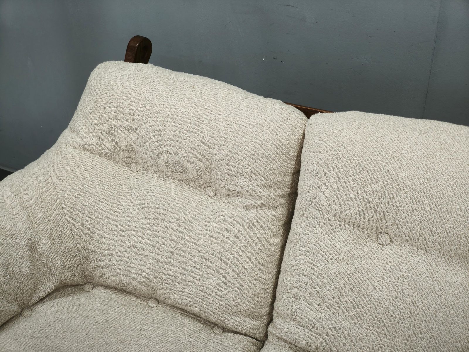 Brutalist Solid Oak And Bouclé Three Seat Sofa, Czechoslovakia 1970s photo for sale