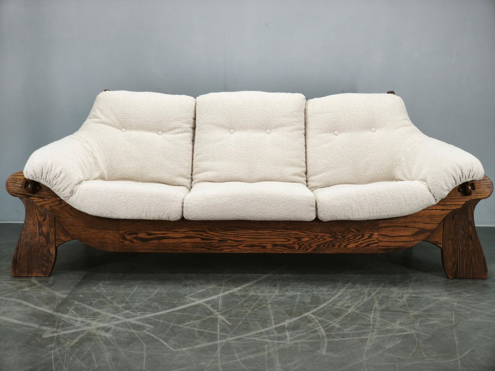Brutalist Solid Oak And Bouclé Three Seat Sofa, Czechoslovakia 1970s photo buy