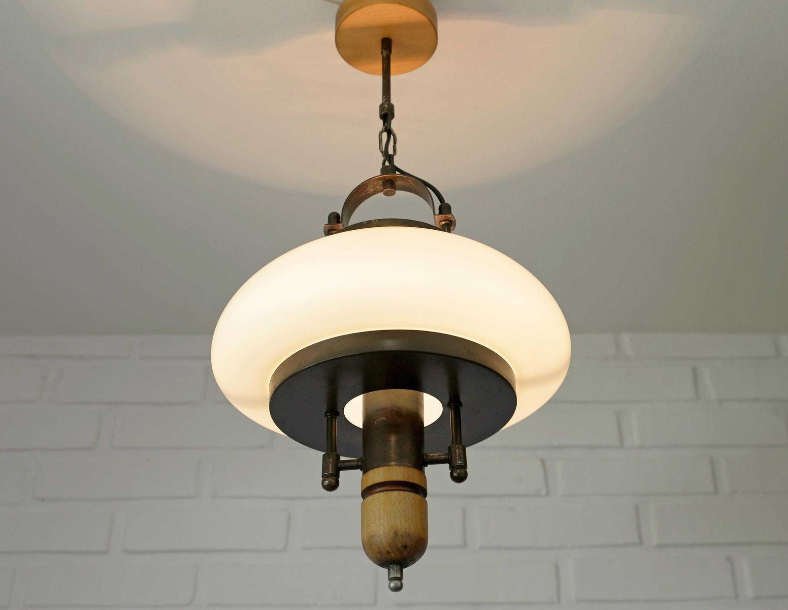 Vintage Lantern Pendant Light | Mid Century Opaline Glass Chandelier | Rewired Yugoslavian Hanging Lamp | Rustic Colonial photo vintage