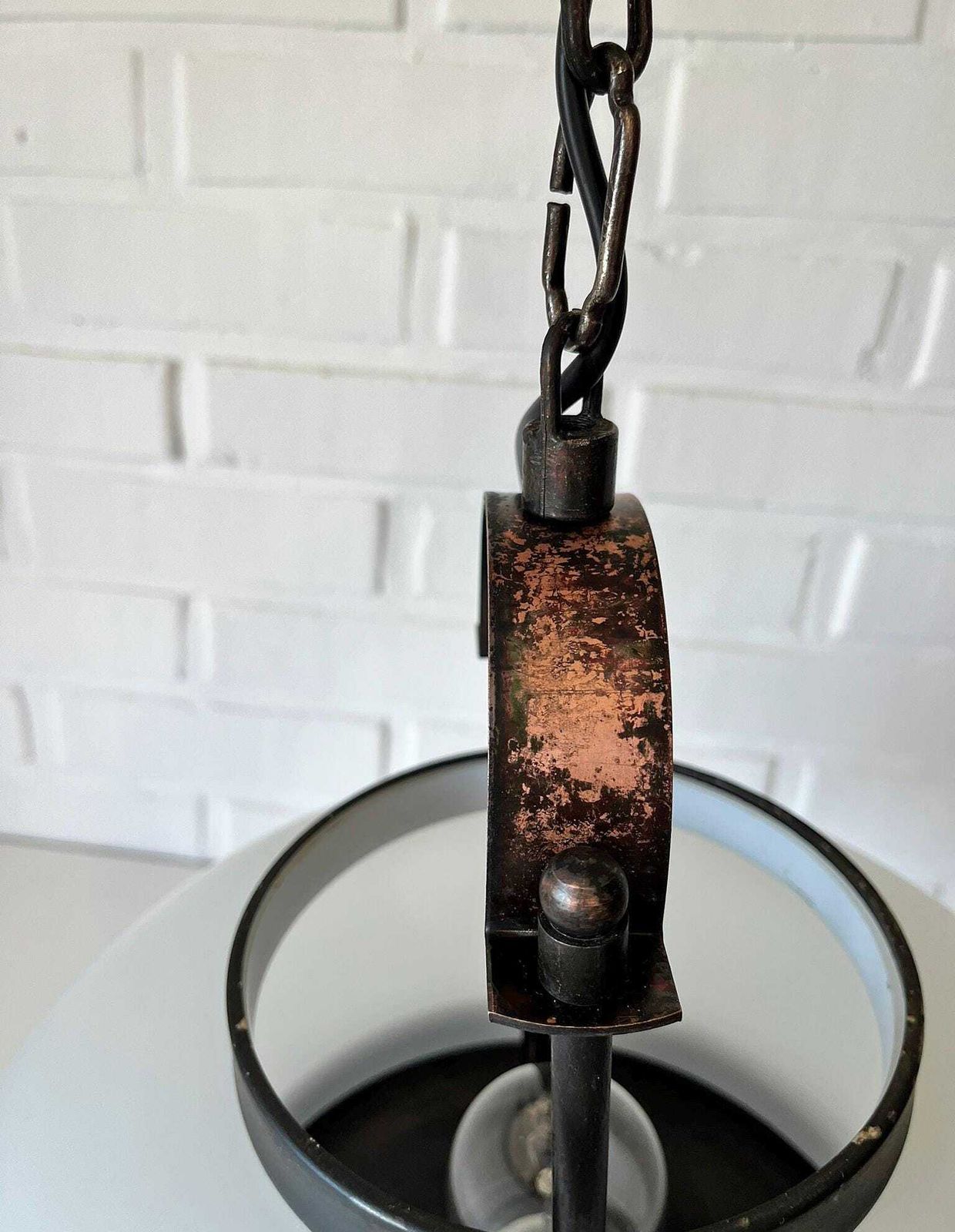photo vinterior Vintage Lantern Pendant Light | Mid Century Opaline Glass Chandelier | Rewired Yugoslavian Hanging Lamp | Rustic Colonial