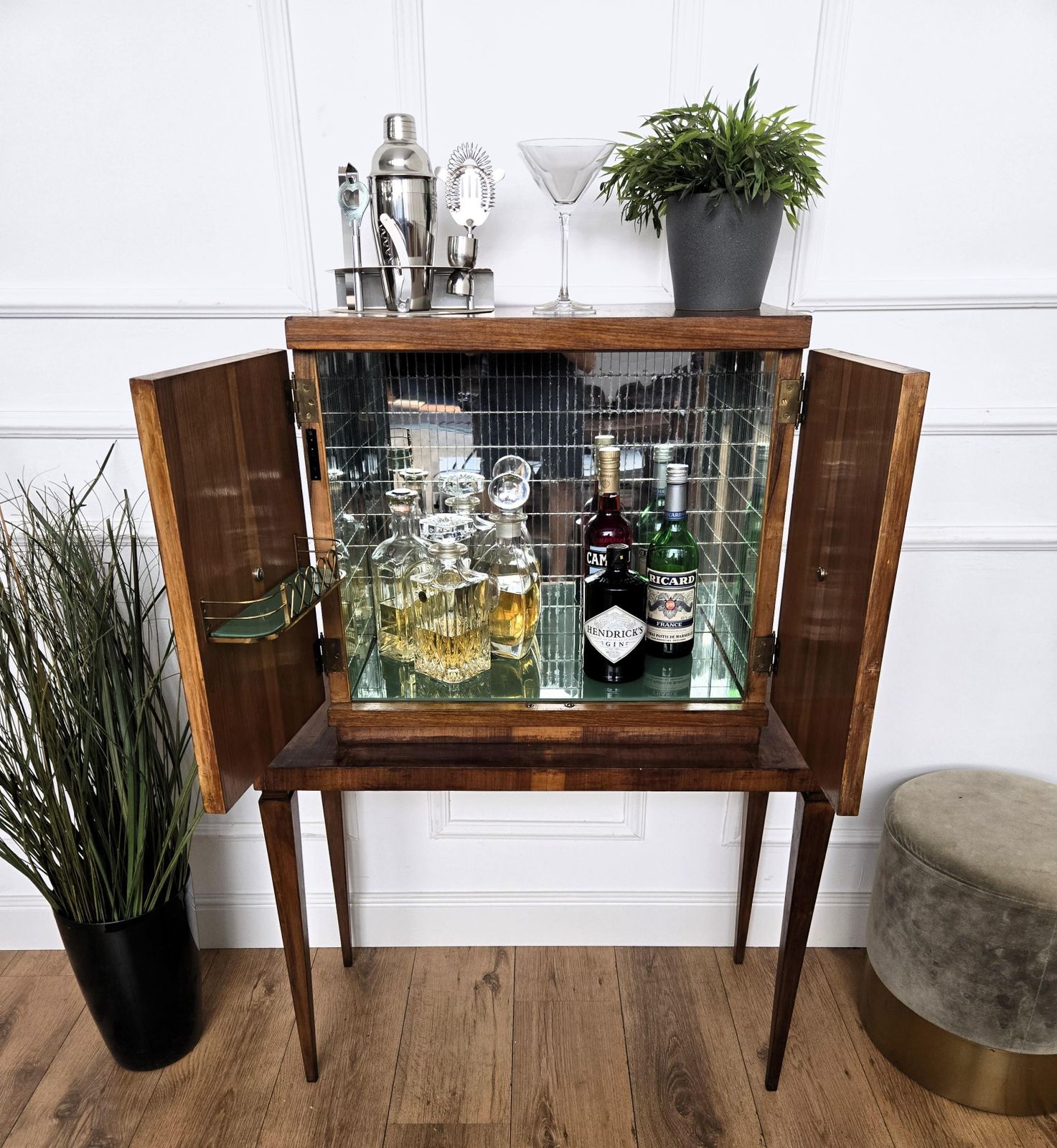 1950s Art Deco Mid Century Italian Walnut Mirror Mosaic Bar Cabinet photo for sale