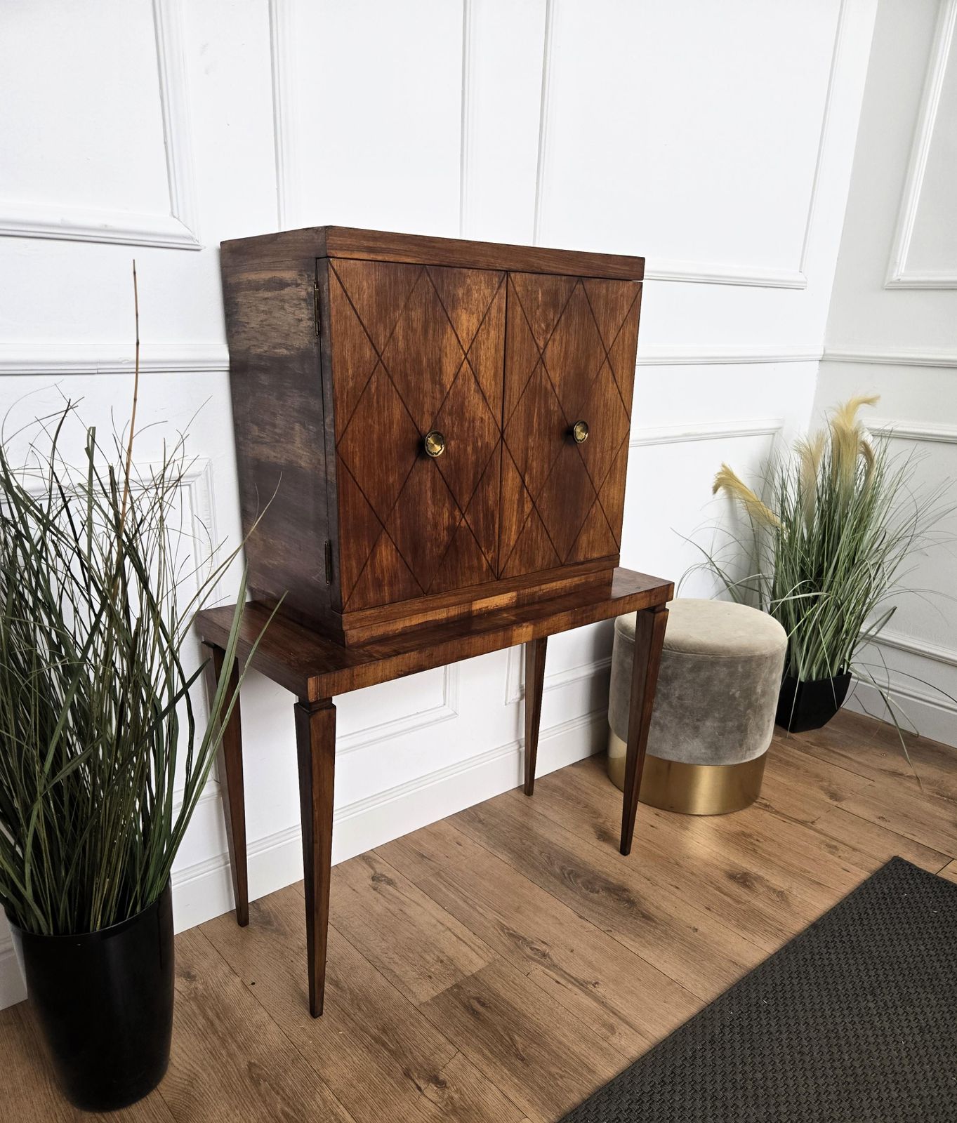 photo for sale 1950s Art Deco Mid Century Italian Walnut Mirror Mosaic Bar Cabinet