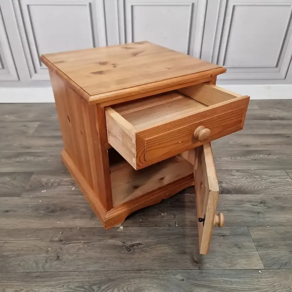 Vintage Pine Bedside Cabinet  Small Wooden Nightstand With Drawer And Cupboard photo for sale