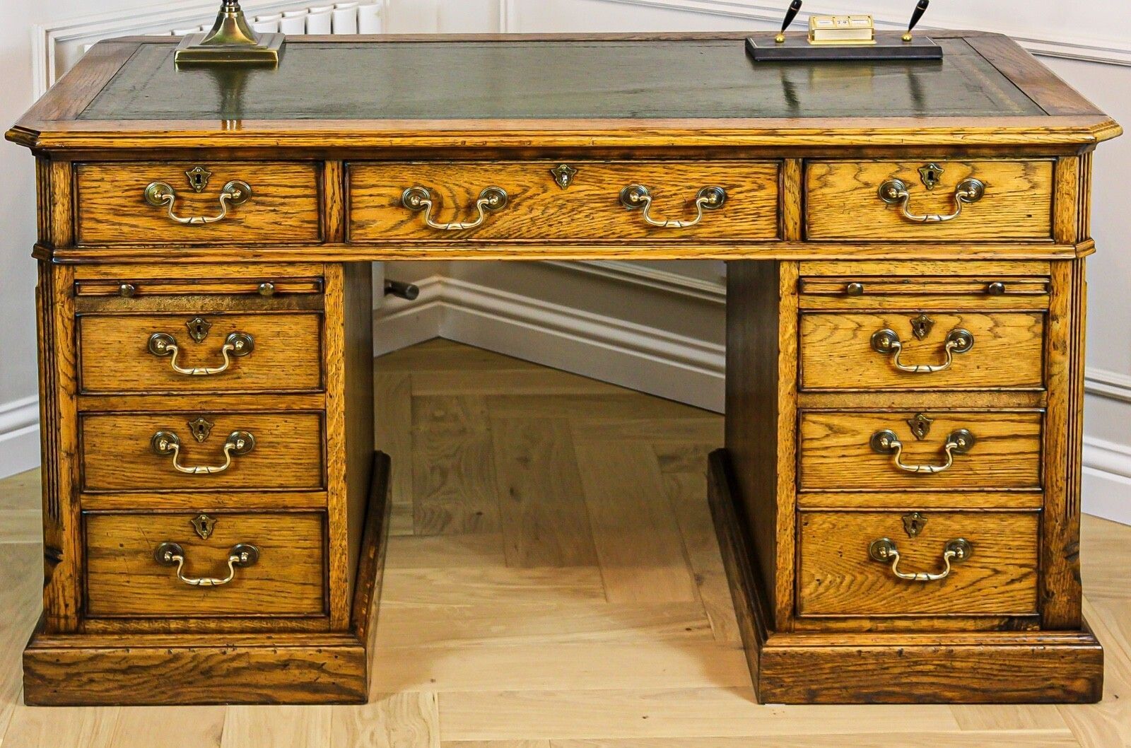 Large Antique Style Solid Oak Twin Pedestal Partners Leather Top Writing Desk photo buy