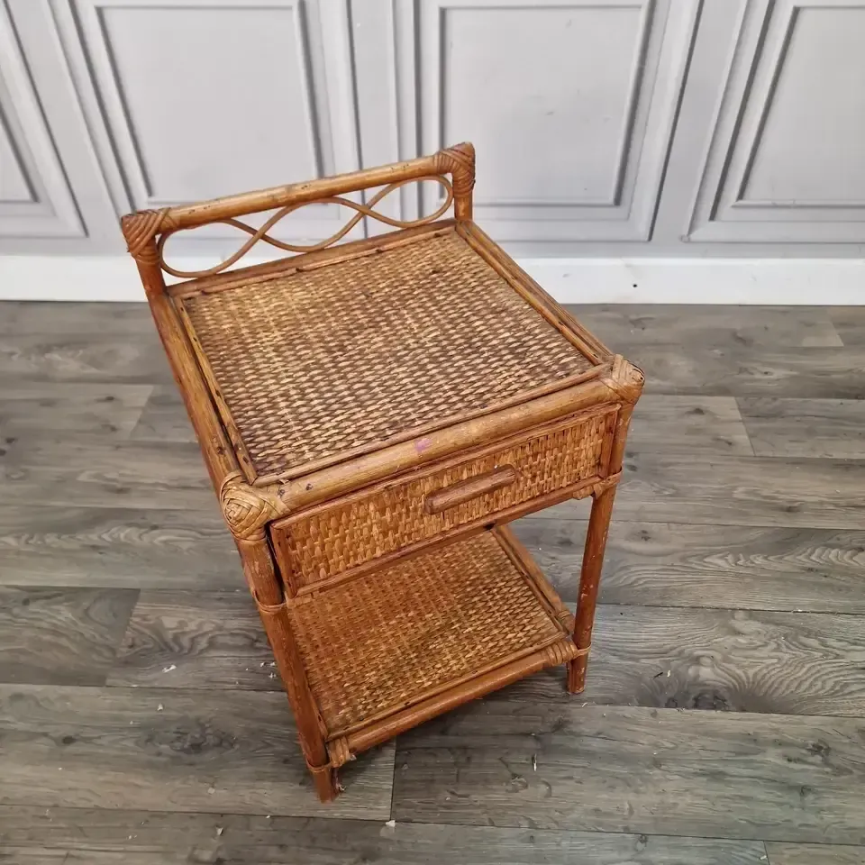 Vintage Wicker Bedside Table Cabinet Rattan Side Stand With Drawer  Retro Boho photo for sale