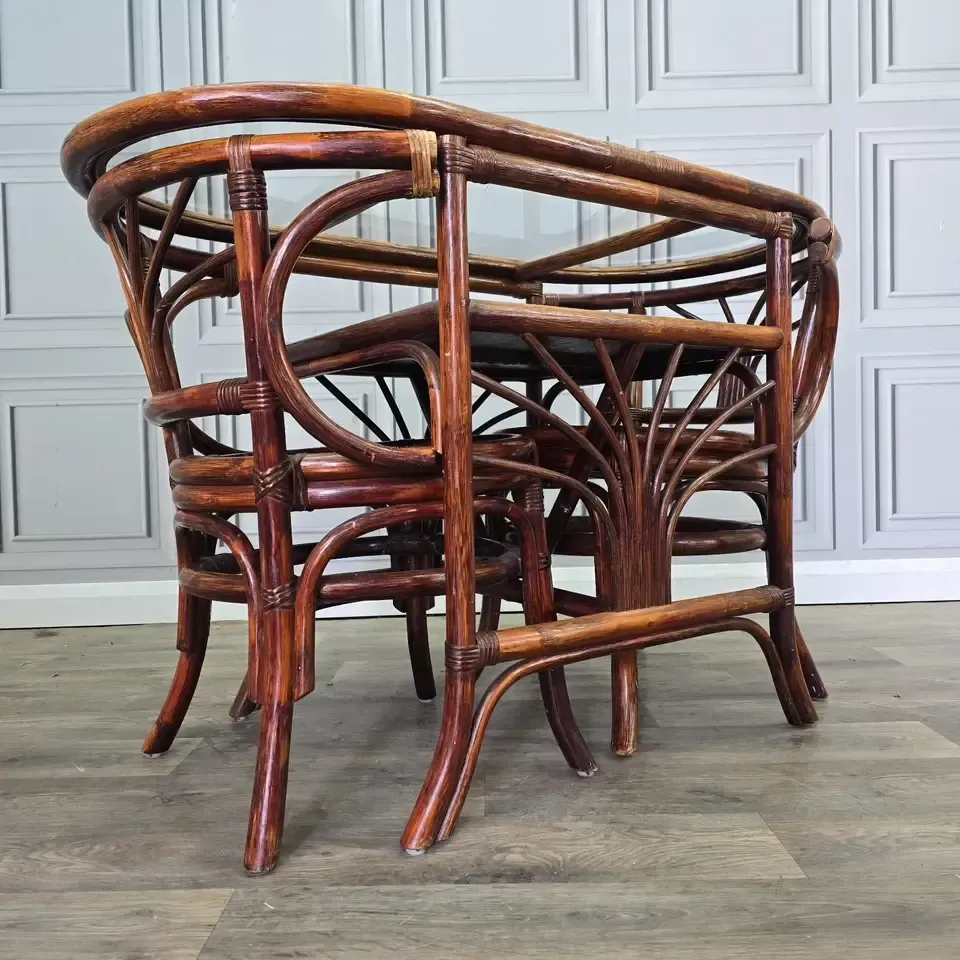 Vintage Rattan Dining Set   Bistro Cane Table And 2 Chairs Compact Retro Boho Mcm photo for sale