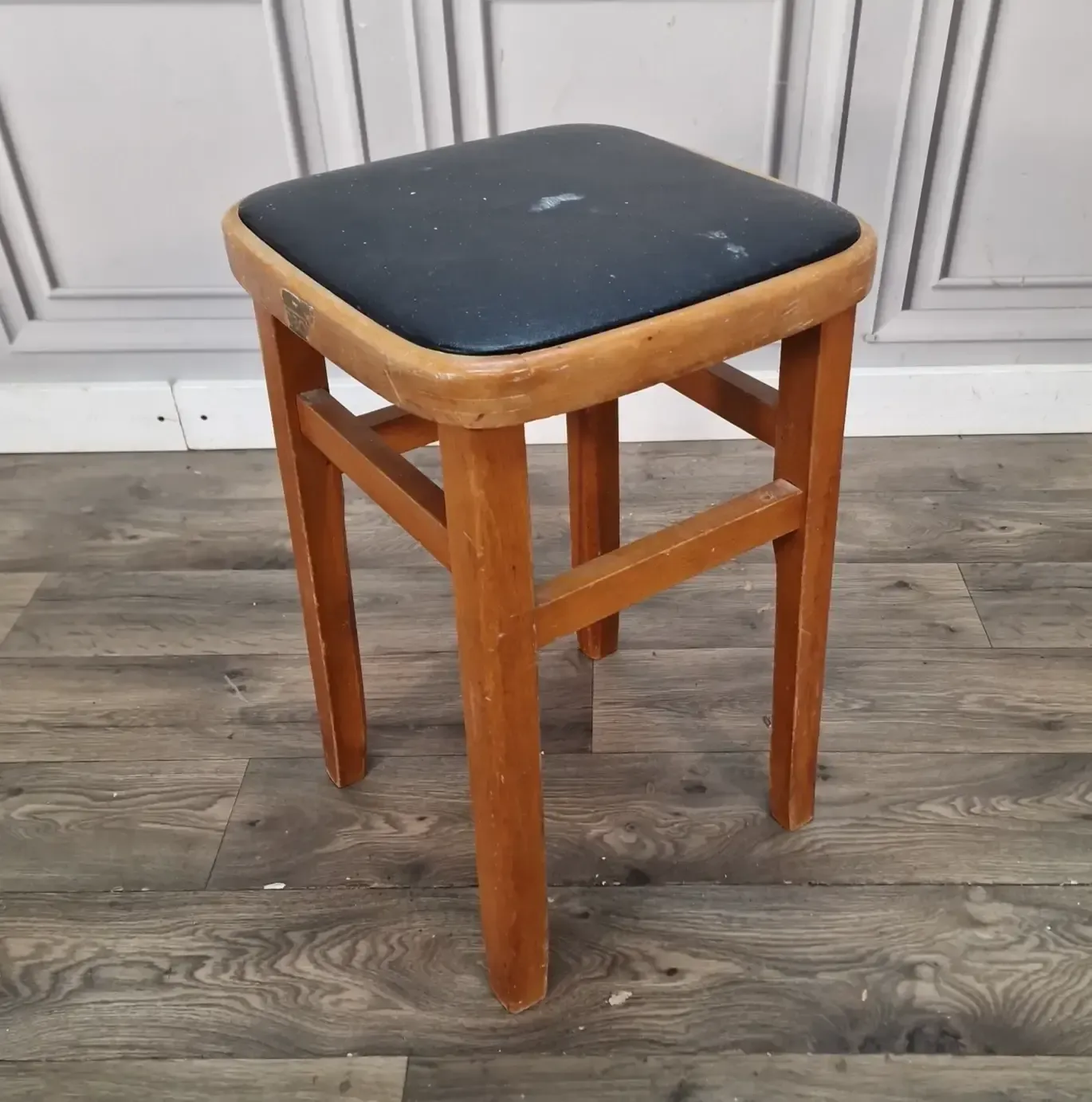 Vintage Utility Kitchen Stool  Black Vinyl Upholstered Seat Wooden Retro