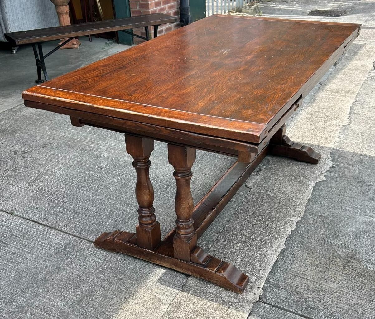 Vintage English Oak Jacobean Style Extending Drawleaf Refectory Dining Table photo vinterior