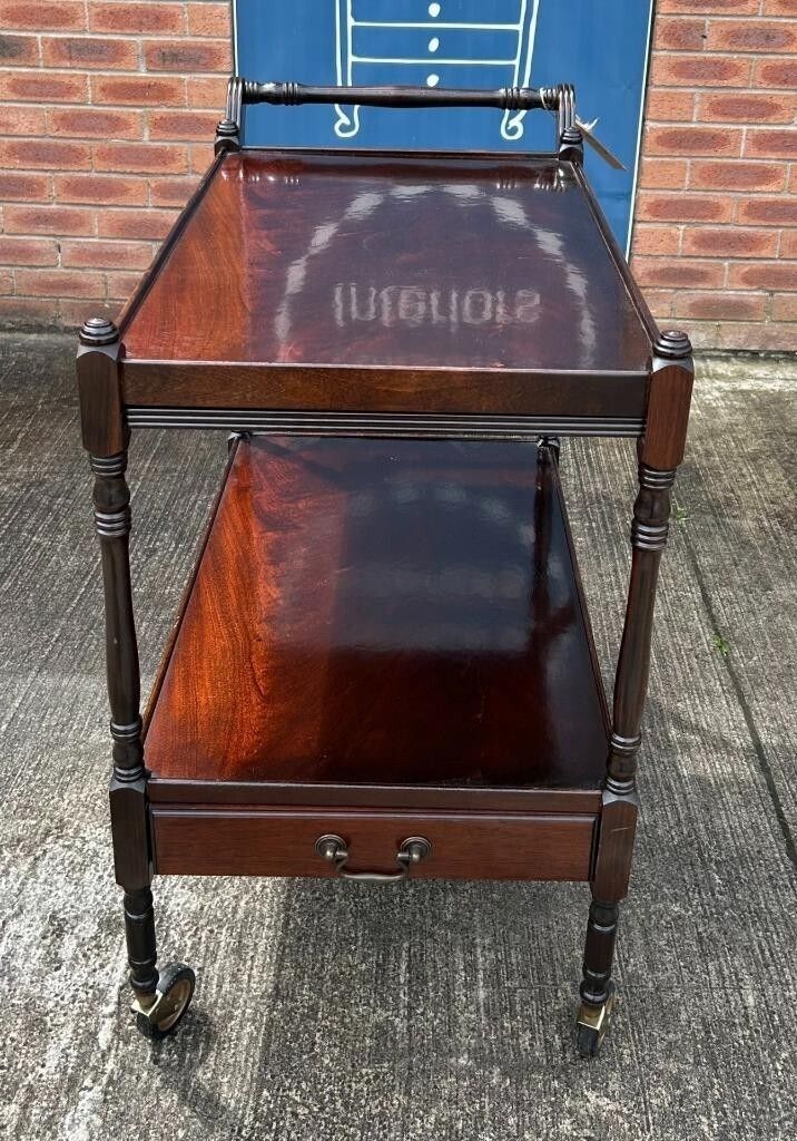 Vintage Retro Flame Mahogany Two Tier Wheeling Drinks Trolley With Leather Slide photo 75.0
