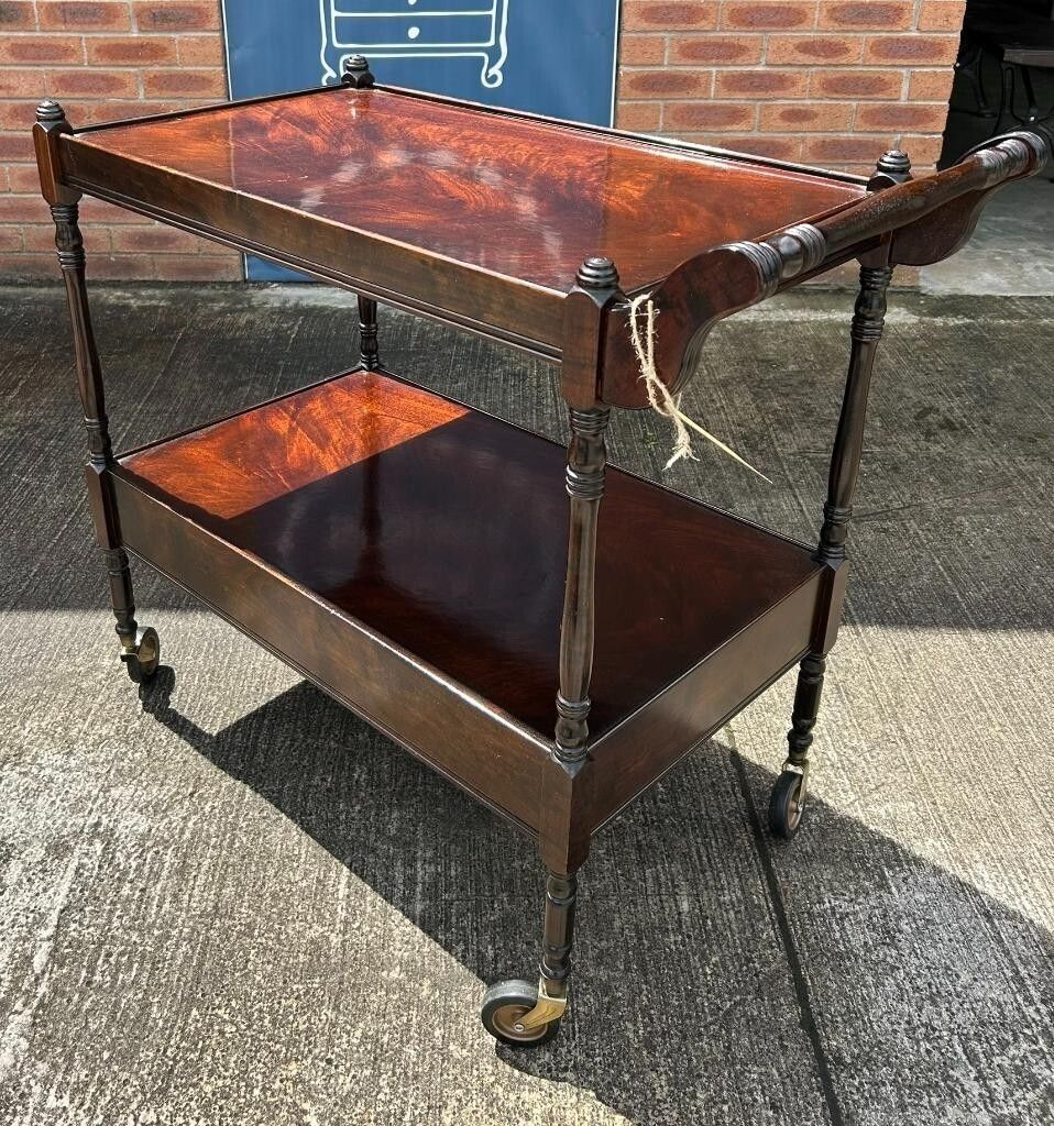 photo for sale Vintage Retro Flame Mahogany Two Tier Wheeling Drinks Trolley With Leather Slide