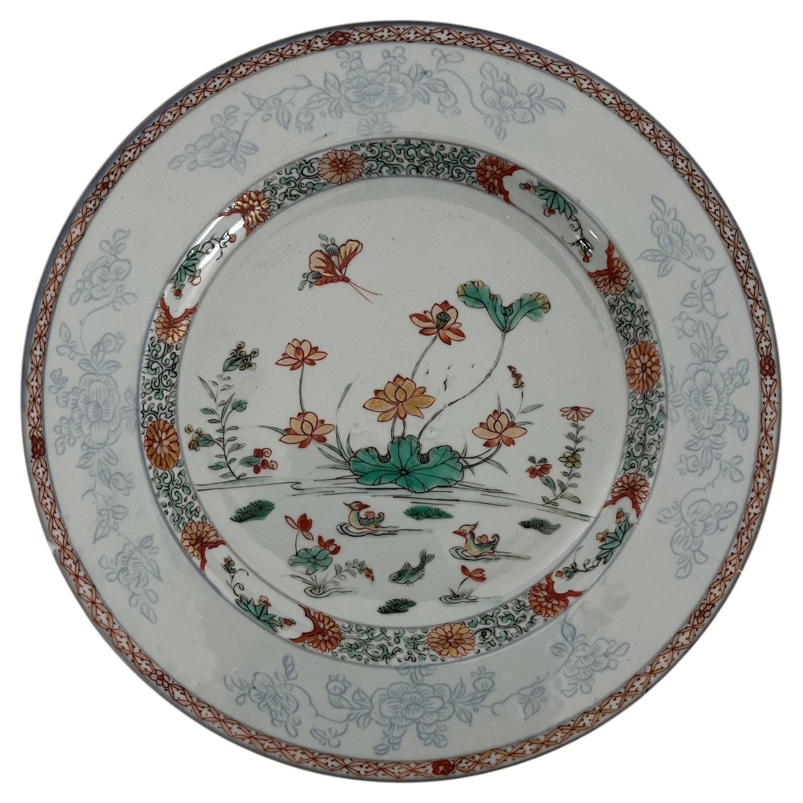 Chinese Kangxi Famille Verte Plate, Hand Painted Porcelain Duck Scene, Ca 1685.
