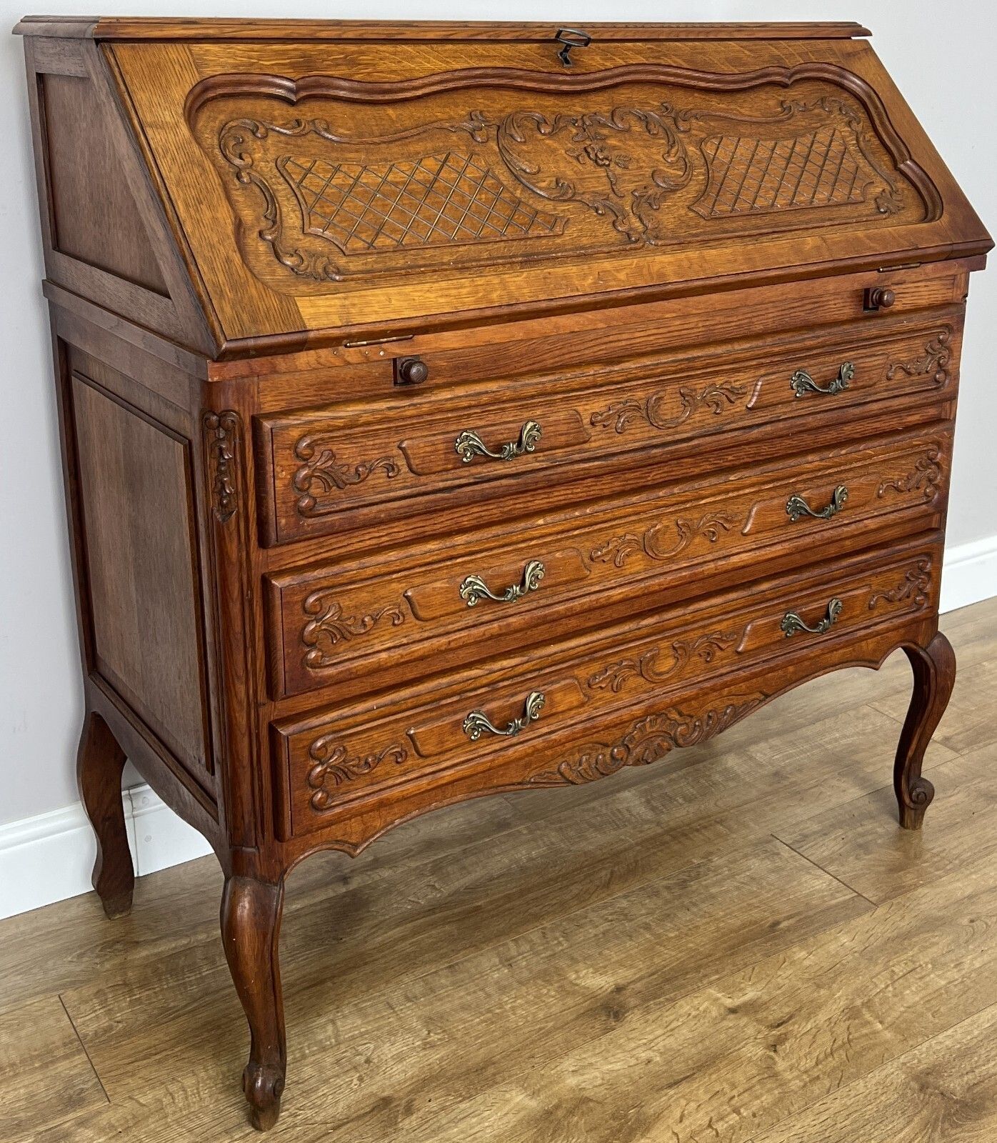 Secretaire Writing Desk Vintage French Louis Oak Rare Bureaux Cabinet Lot 6154 photo Furniture