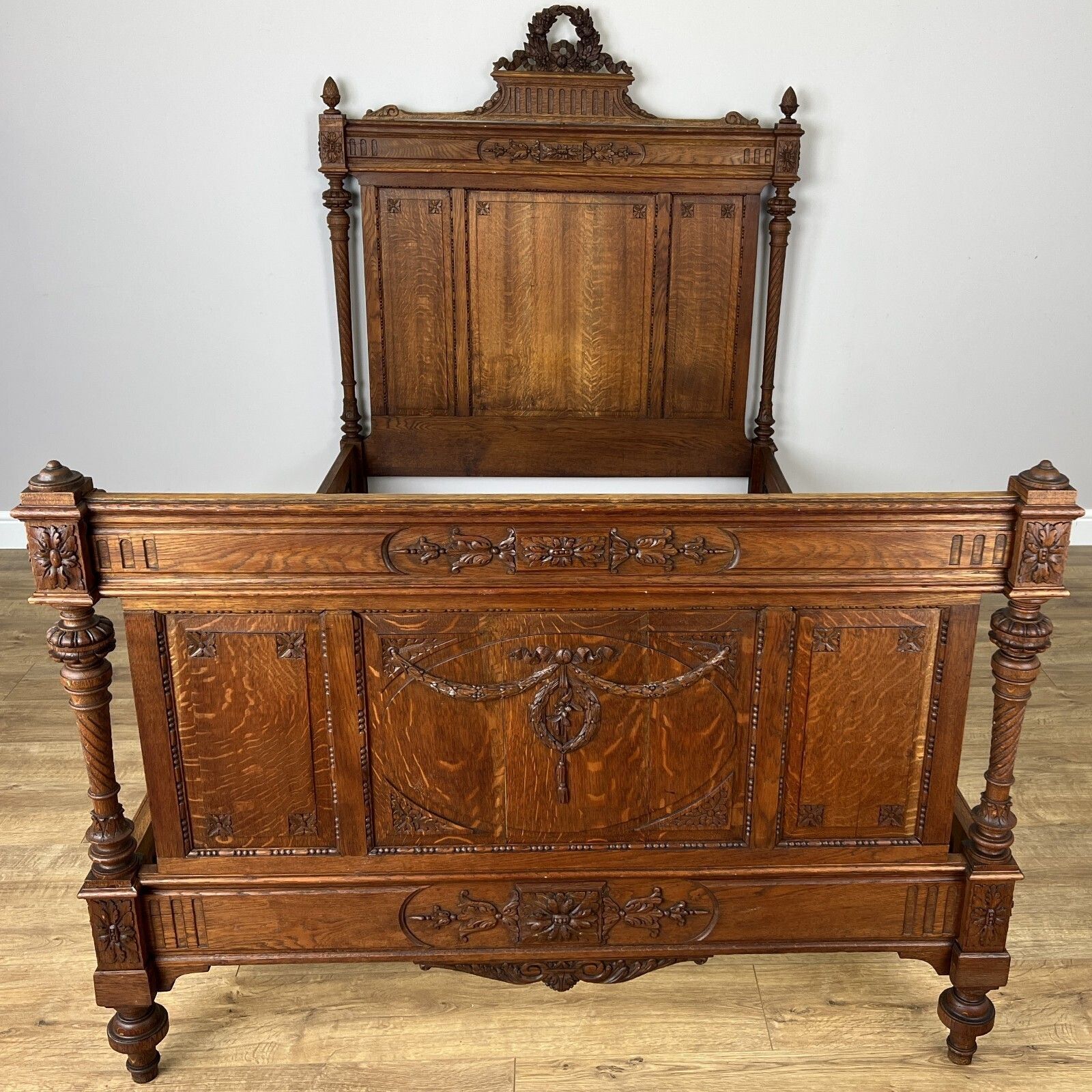 Bed Antique French Style Oak Double Bed Frame Carved Headboard Lot 6151