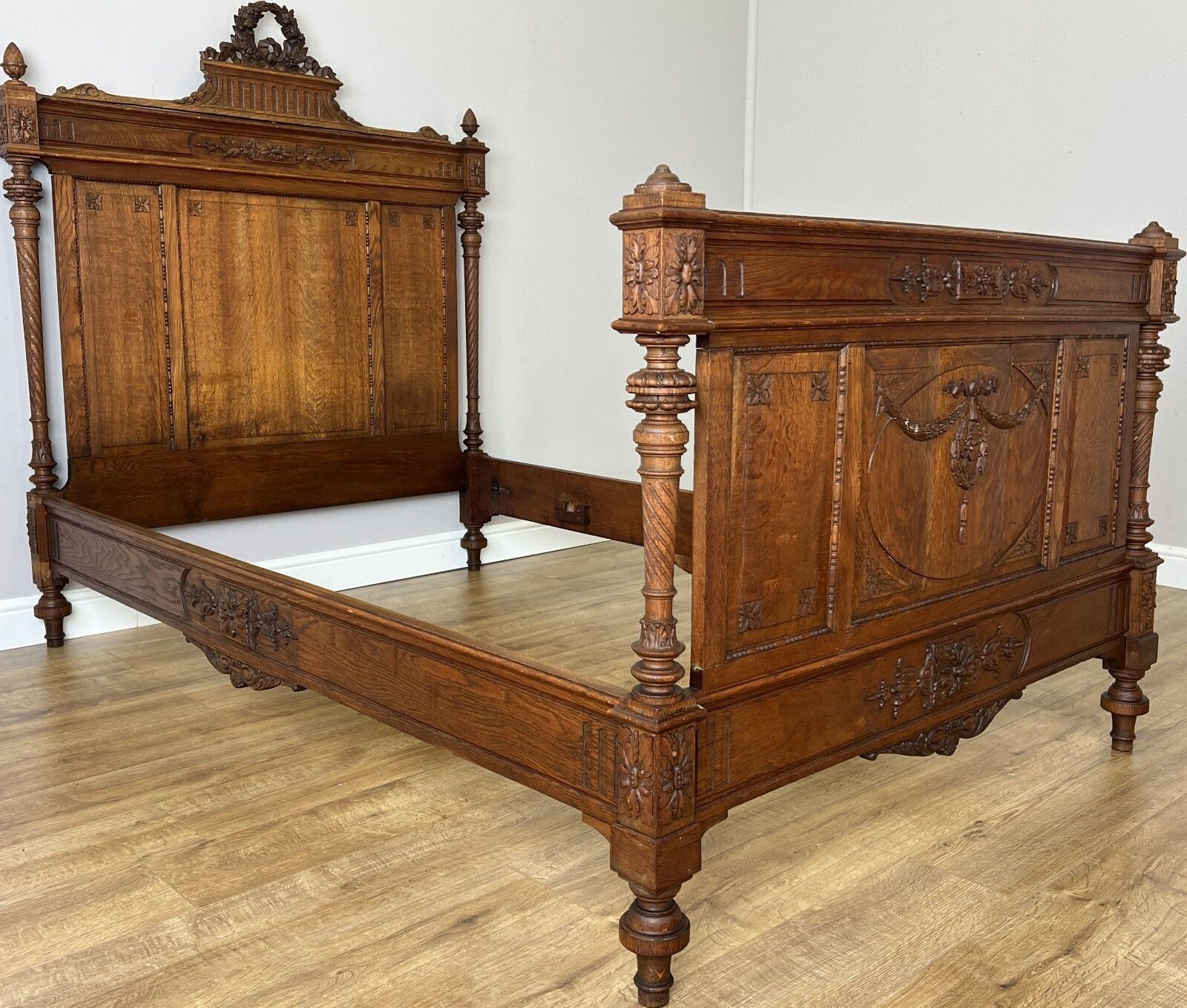 Bed Antique French Style Oak Double Bed Frame Carved Headboard Lot 6151 photo Furniture