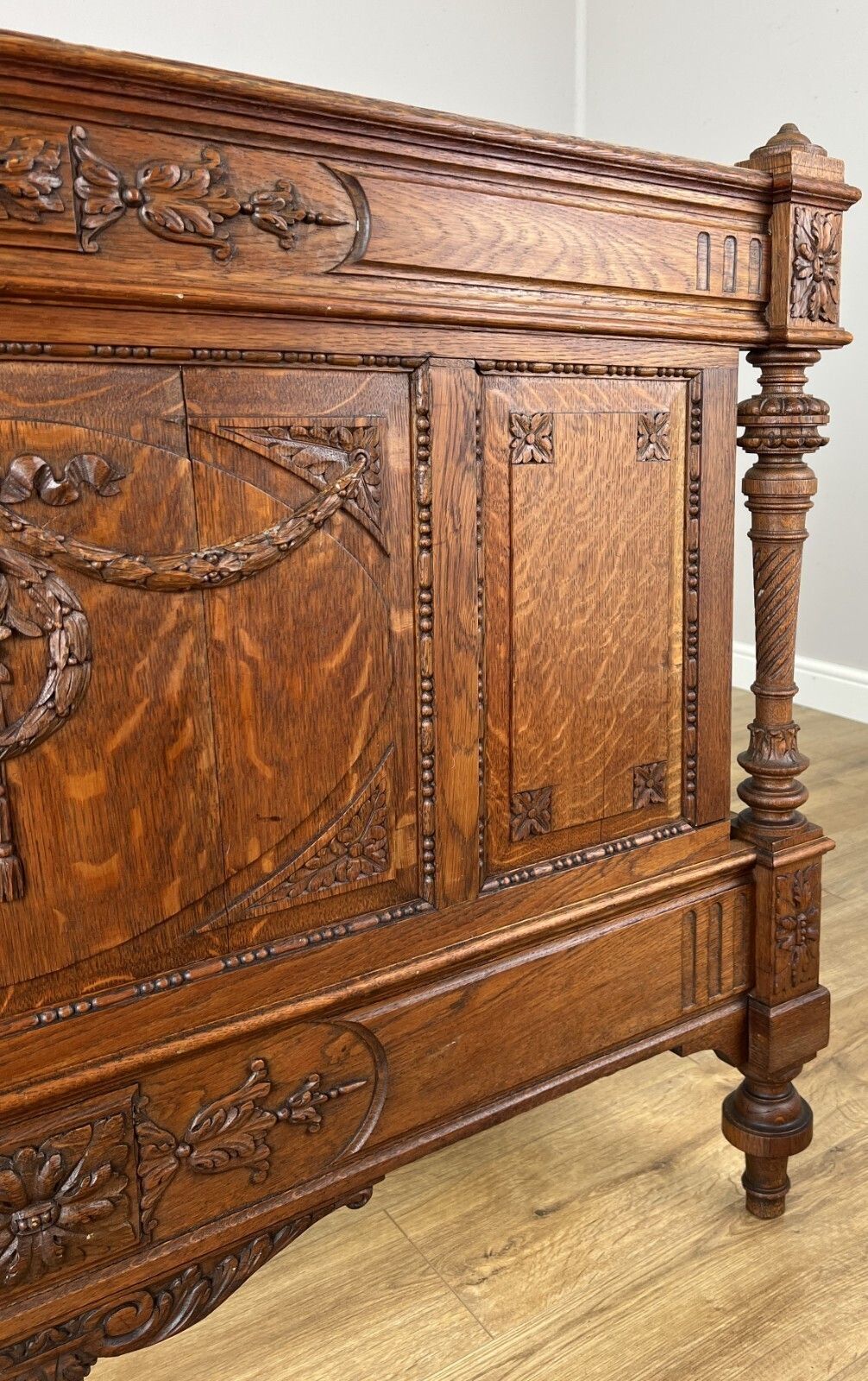 Furniture Bed Antique French Style Oak Double Bed Frame Carved Headboard Lot 6151 photo