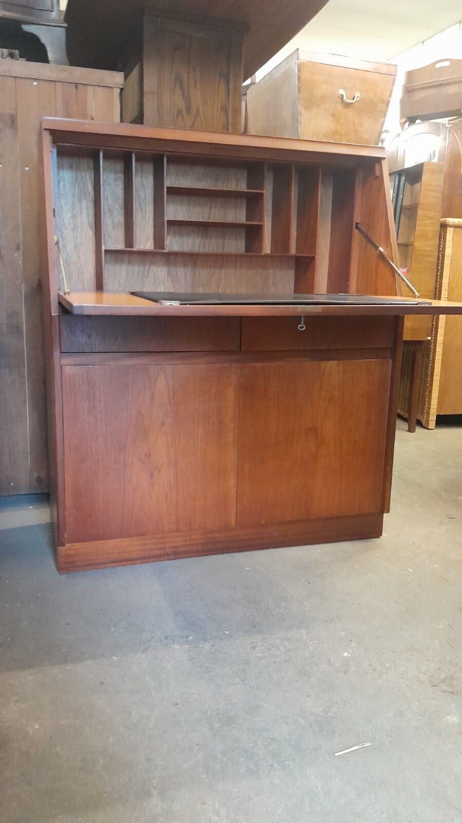 Mid Century Teak Bureau By Remploy, With 2 Drawers And 2 Doors