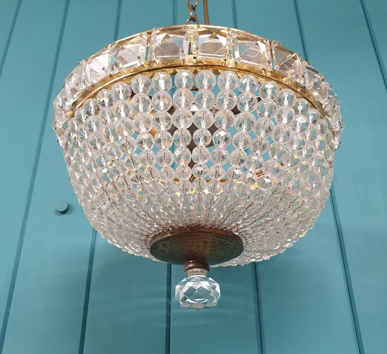 Early 20th Century Brass & Cut Glass Tapered Bag Chandelier 8". photo Lighting