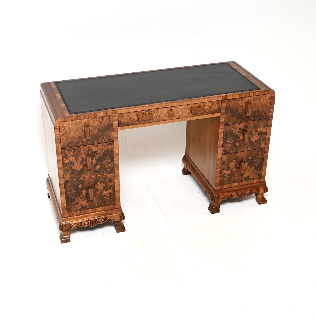 Art Deco Burr Walnut Leather Top Desk.