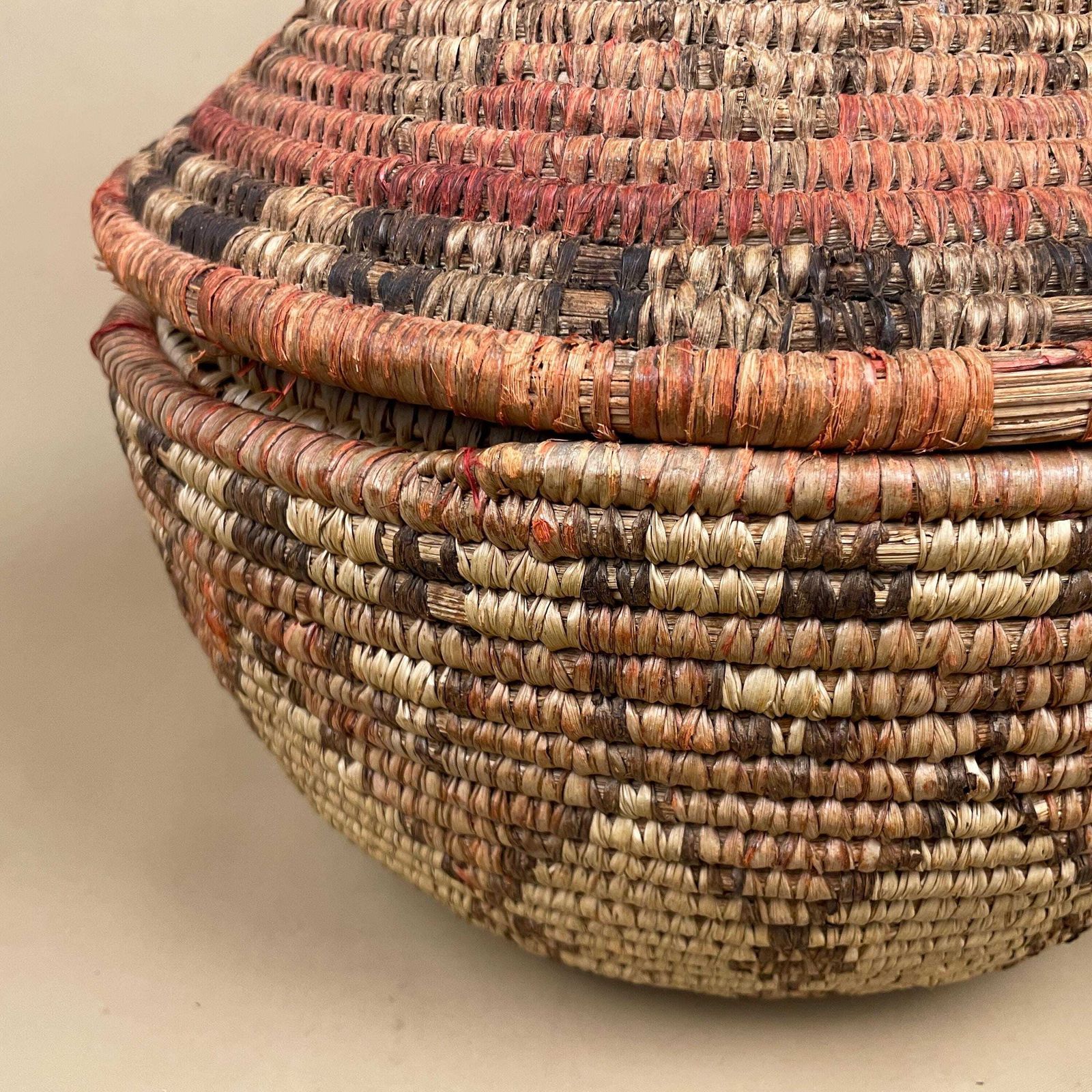 Vintage African Lidded Basket Coiled Grass Storage Basket Boho Decor Beige Red Dye Bolga Style Fetchedfrom      5 Out Of 5 Stars photo vinterior