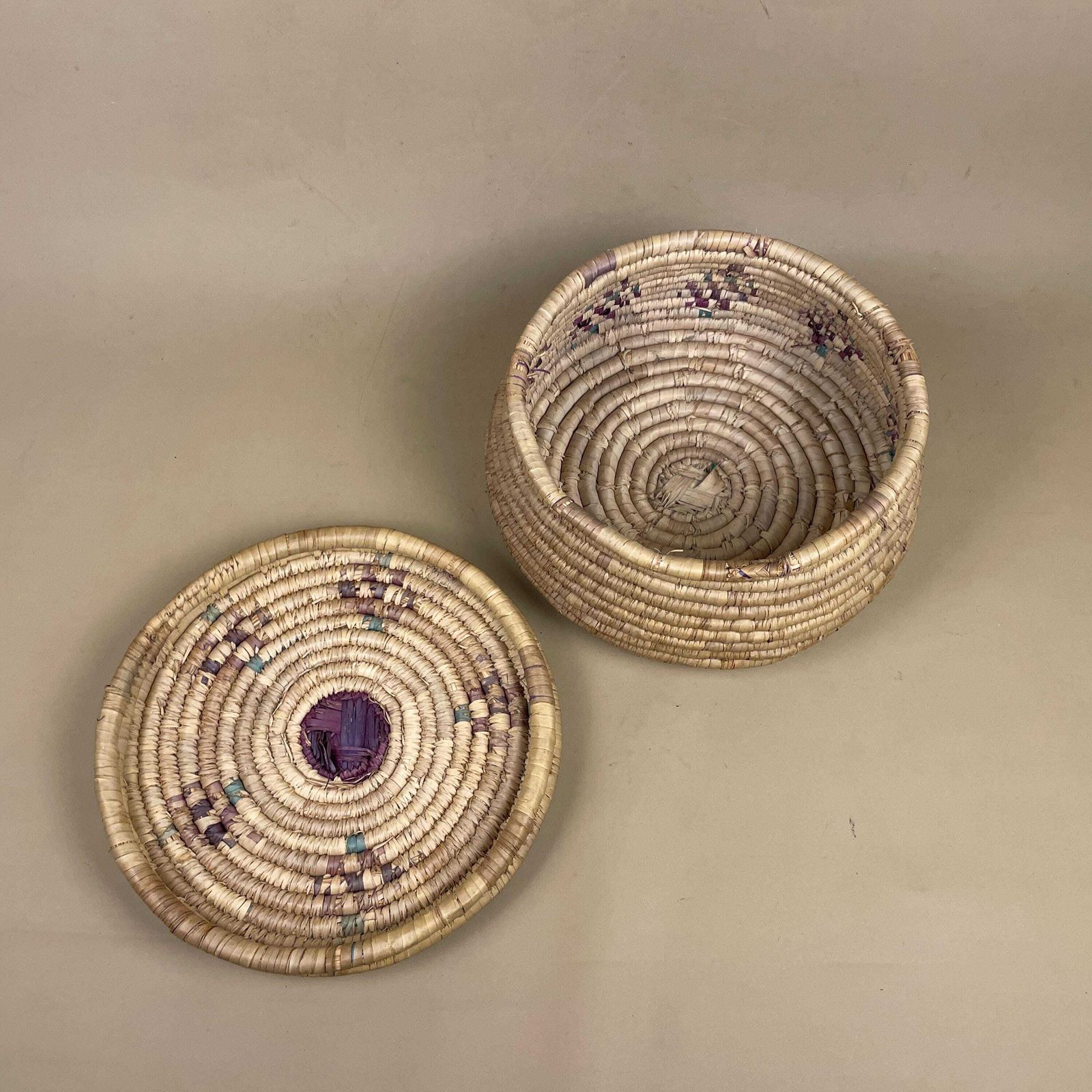 photo for sale Vintage African Lidded Basket Grass Storage Basket Handmade Round Boho With Lid