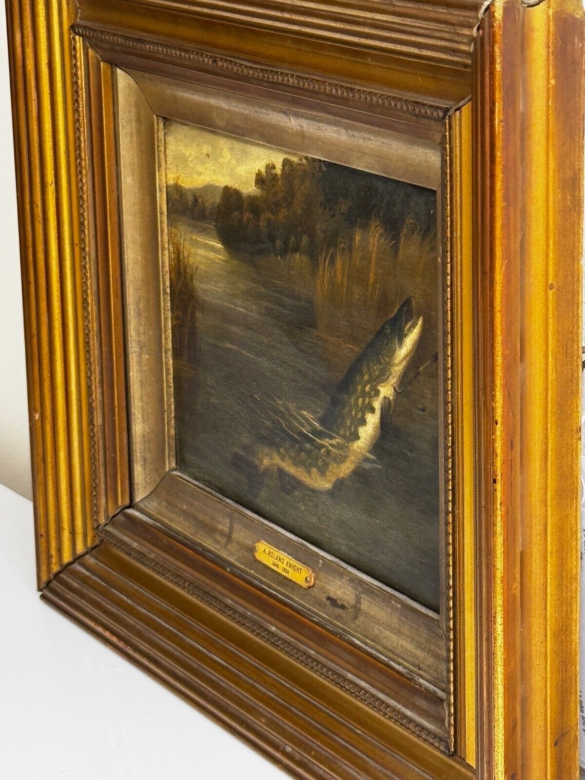 Hengelsport olieverfchilderij snoek aan de oppervlakte gevangen door Arthur Roland Knight 1890 photo Kunst